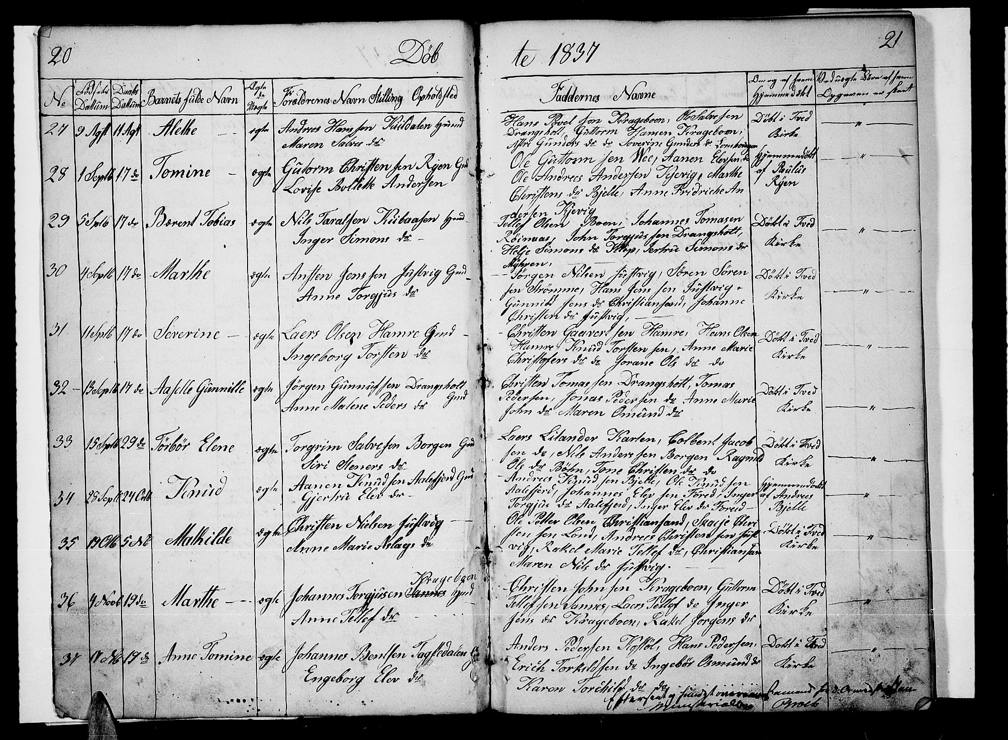 Tveit sokneprestkontor, AV/SAK-1111-0043/F/Fb/L0002: Parish register (copy) no. B 2, 1835-1854, p. 20-21