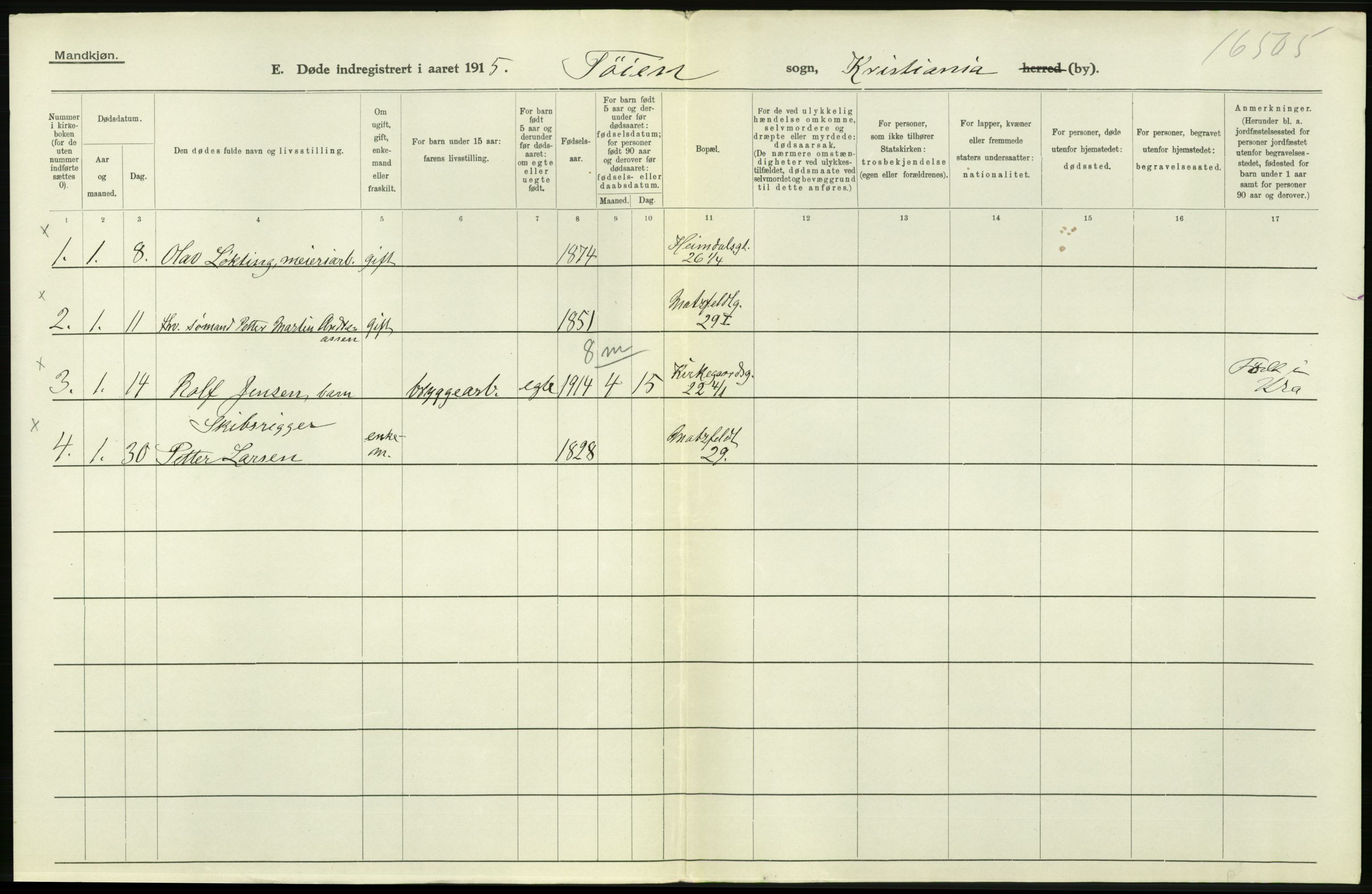 Statistisk sentralbyrå, Sosiodemografiske emner, Befolkning, RA/S-2228/D/Df/Dfb/Dfbe/L0010: Kristiania: Døde, dødfødte., 1915, p. 296