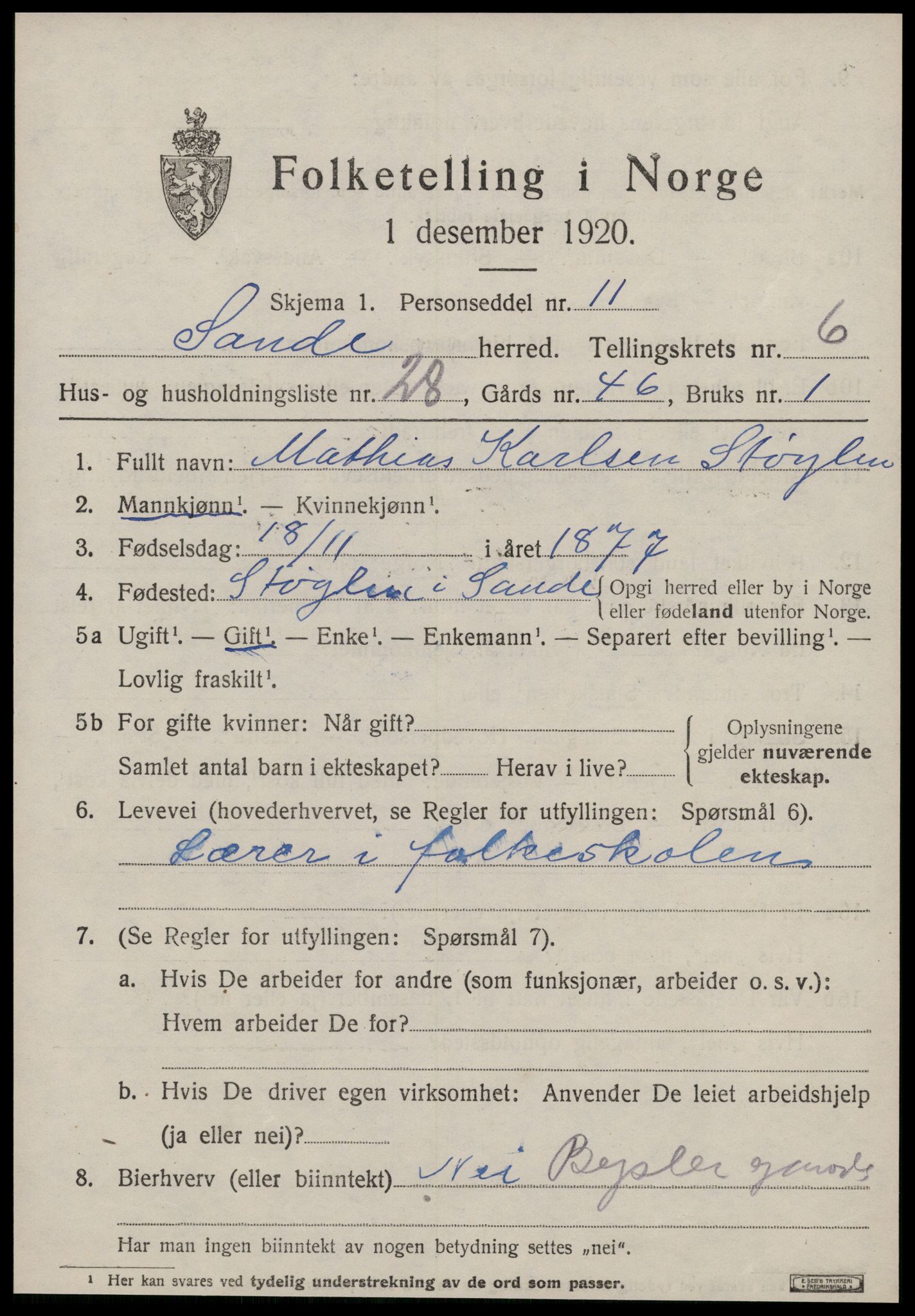 SAT, 1920 census for Sande (MR), 1920, p. 3914