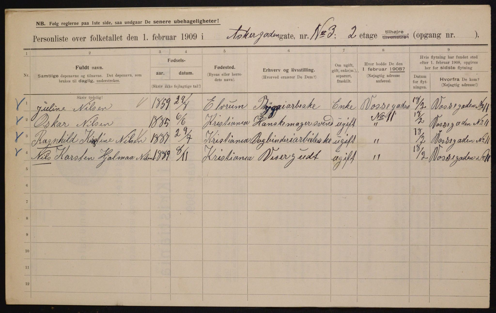 OBA, Municipal Census 1909 for Kristiania, 1909, p. 2365