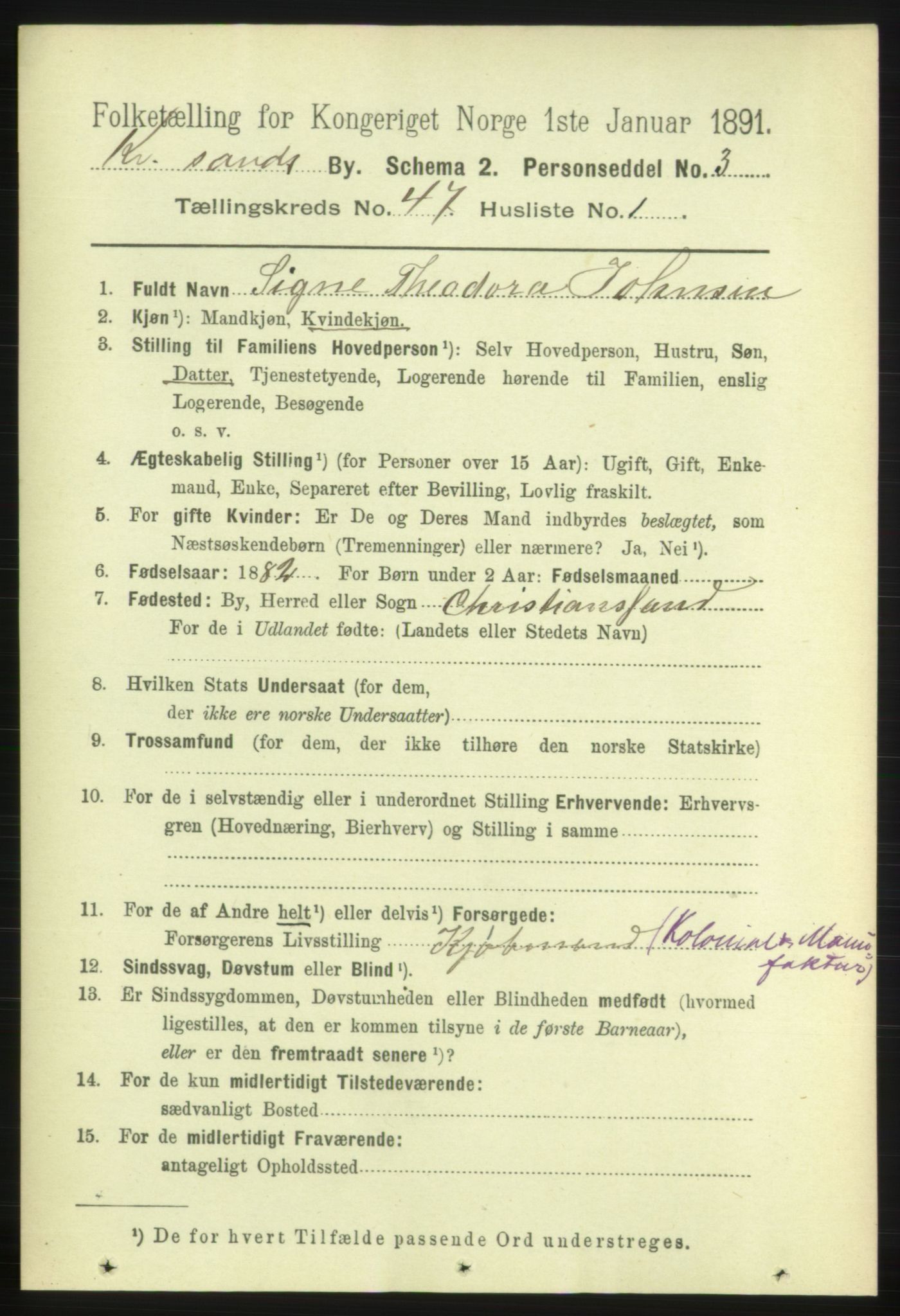 RA, 1891 census for 1001 Kristiansand, 1891, p. 14585