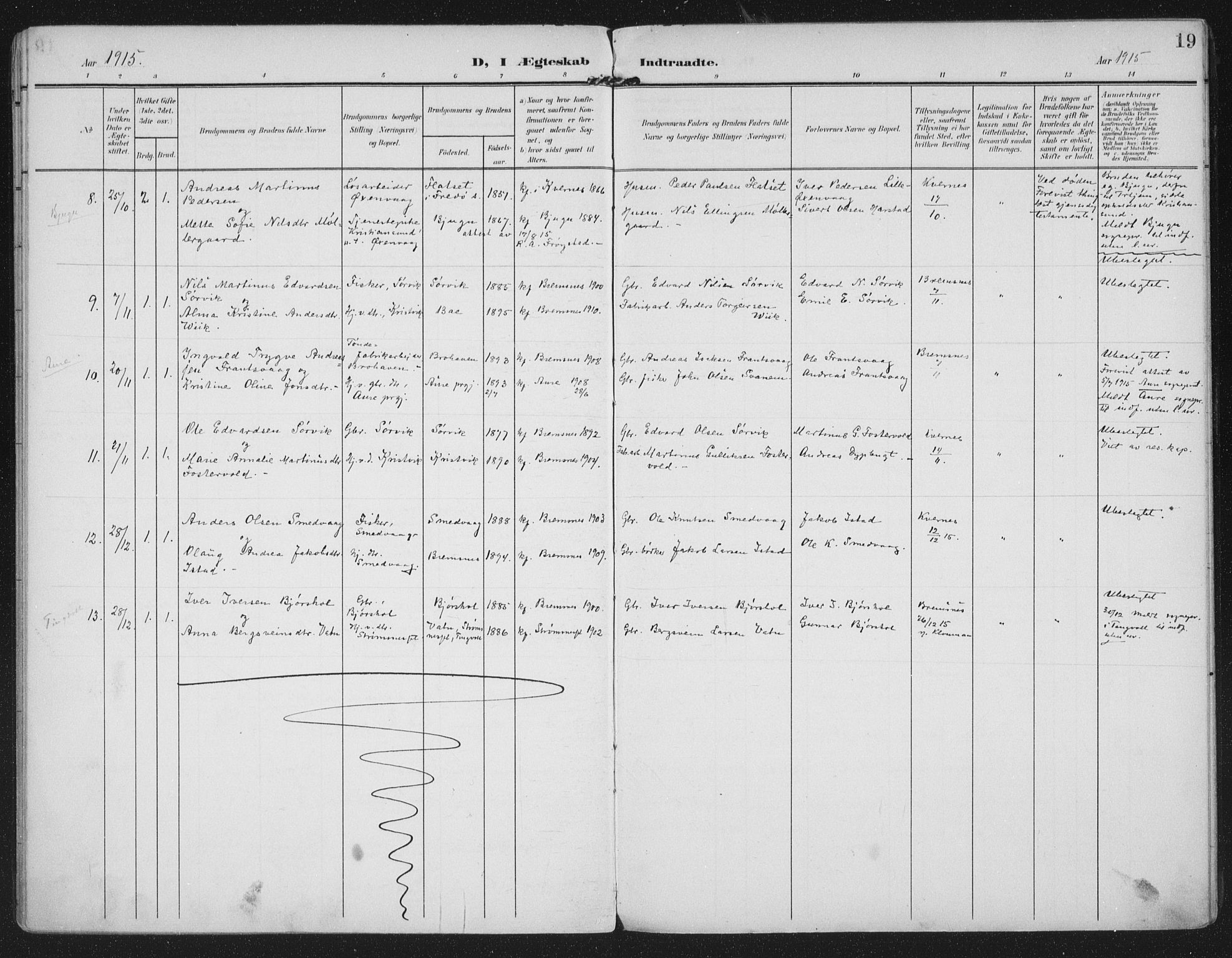 Ministerialprotokoller, klokkerbøker og fødselsregistre - Møre og Romsdal, AV/SAT-A-1454/569/L0822: Parish register (official) no. 569A08, 1908-1919, p. 19