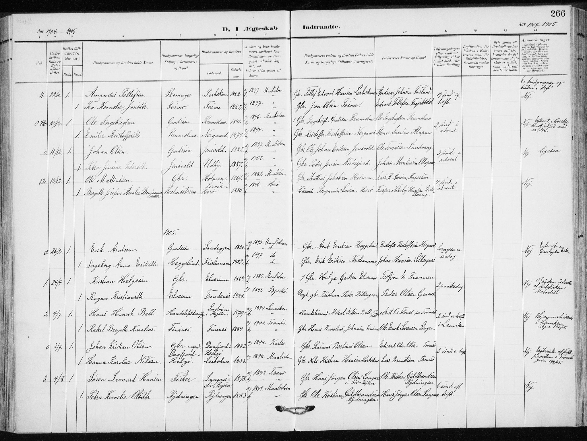Målselv sokneprestembete, AV/SATØ-S-1311/G/Ga/Gaa/L0011kirke: Parish register (official) no. 11, 1904-1918, p. 266