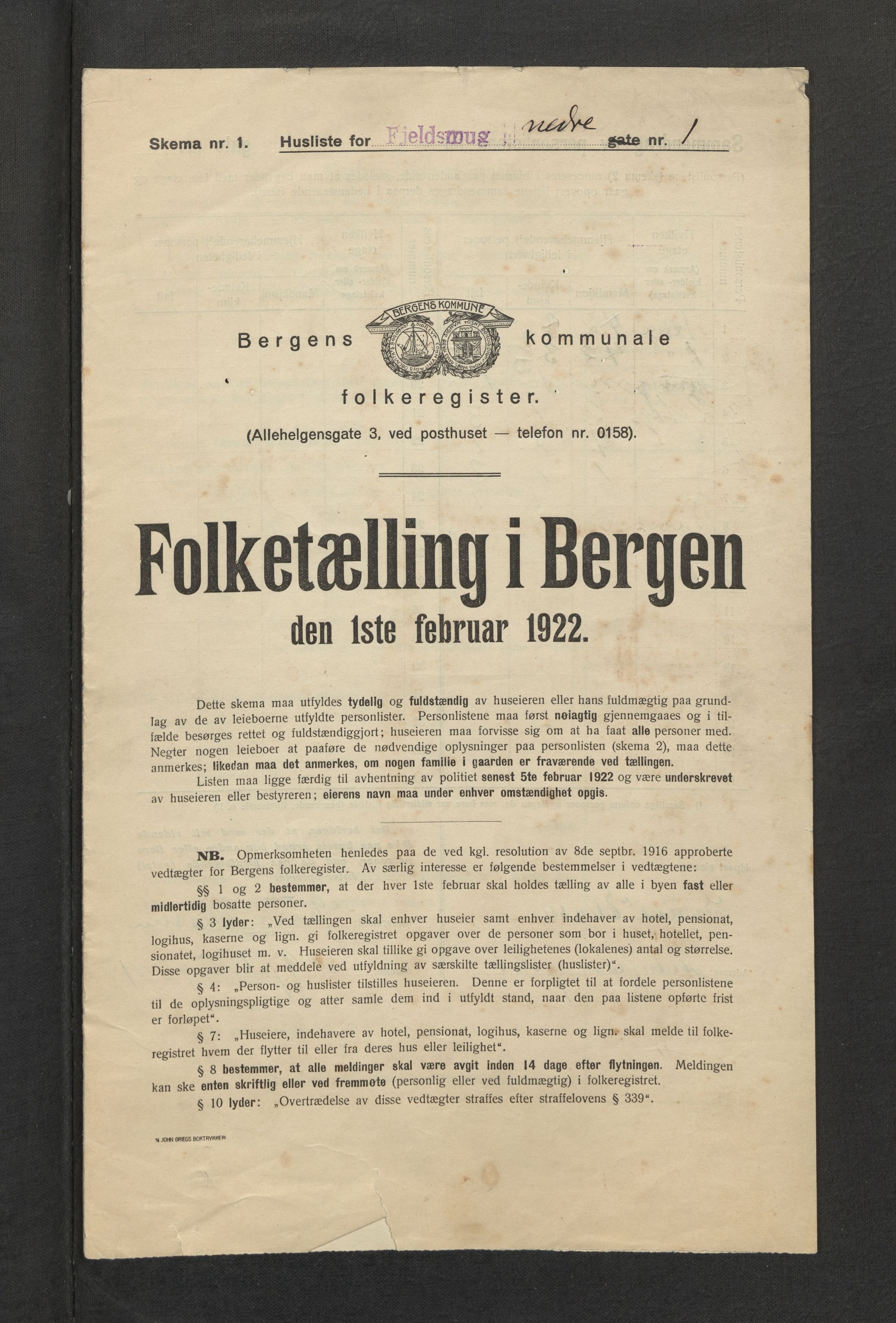 SAB, Municipal Census 1922 for Bergen, 1922, p. 7688