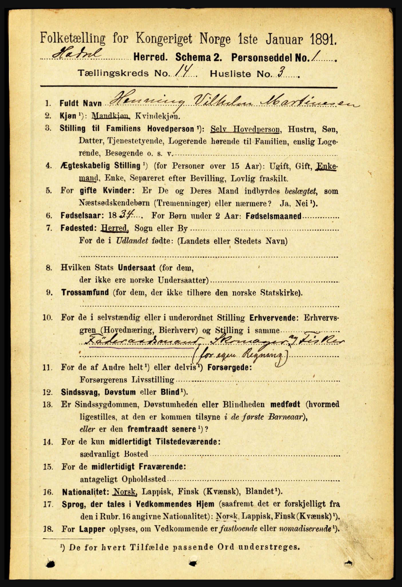 RA, 1891 census for 1866 Hadsel, 1891, p. 6328