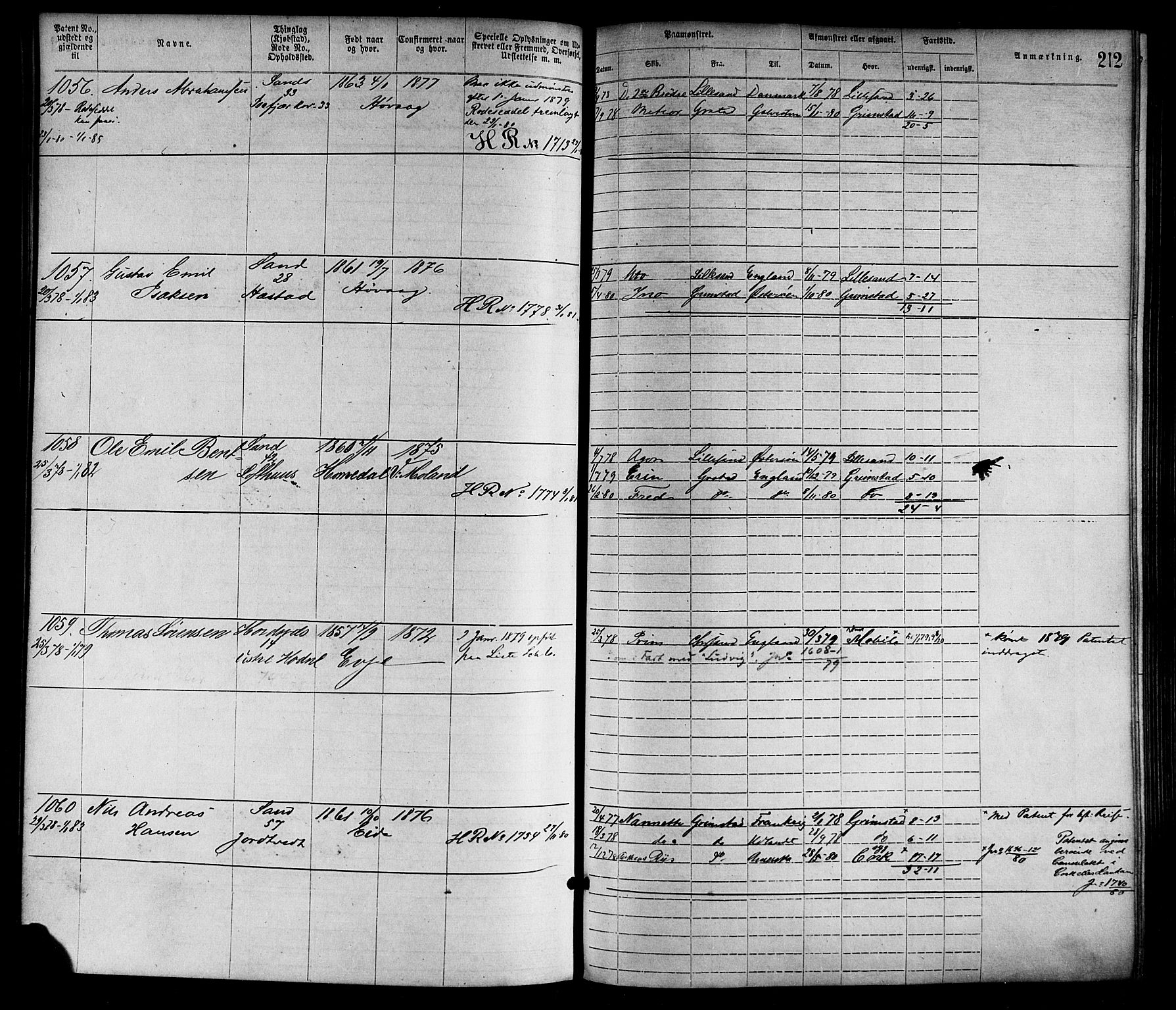 Lillesand mønstringskrets, SAK/2031-0014/F/Fa/L0004: Annotasjonsrulle nr 1-1920 med register, G-1, 1869-1891, p. 238