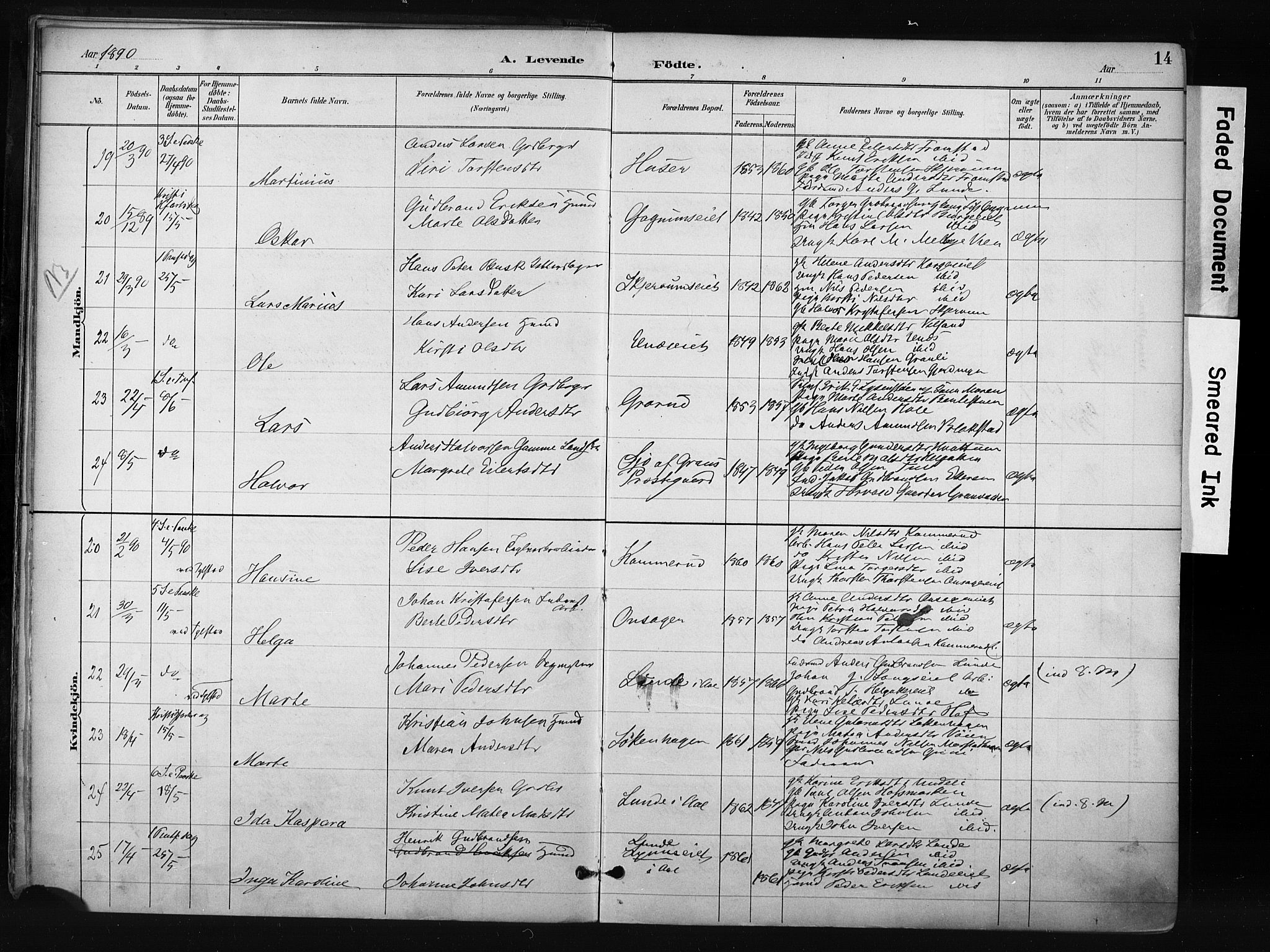 Gran prestekontor, AV/SAH-PREST-112/H/Ha/Haa/L0017: Parish register (official) no. 17, 1889-1897, p. 14