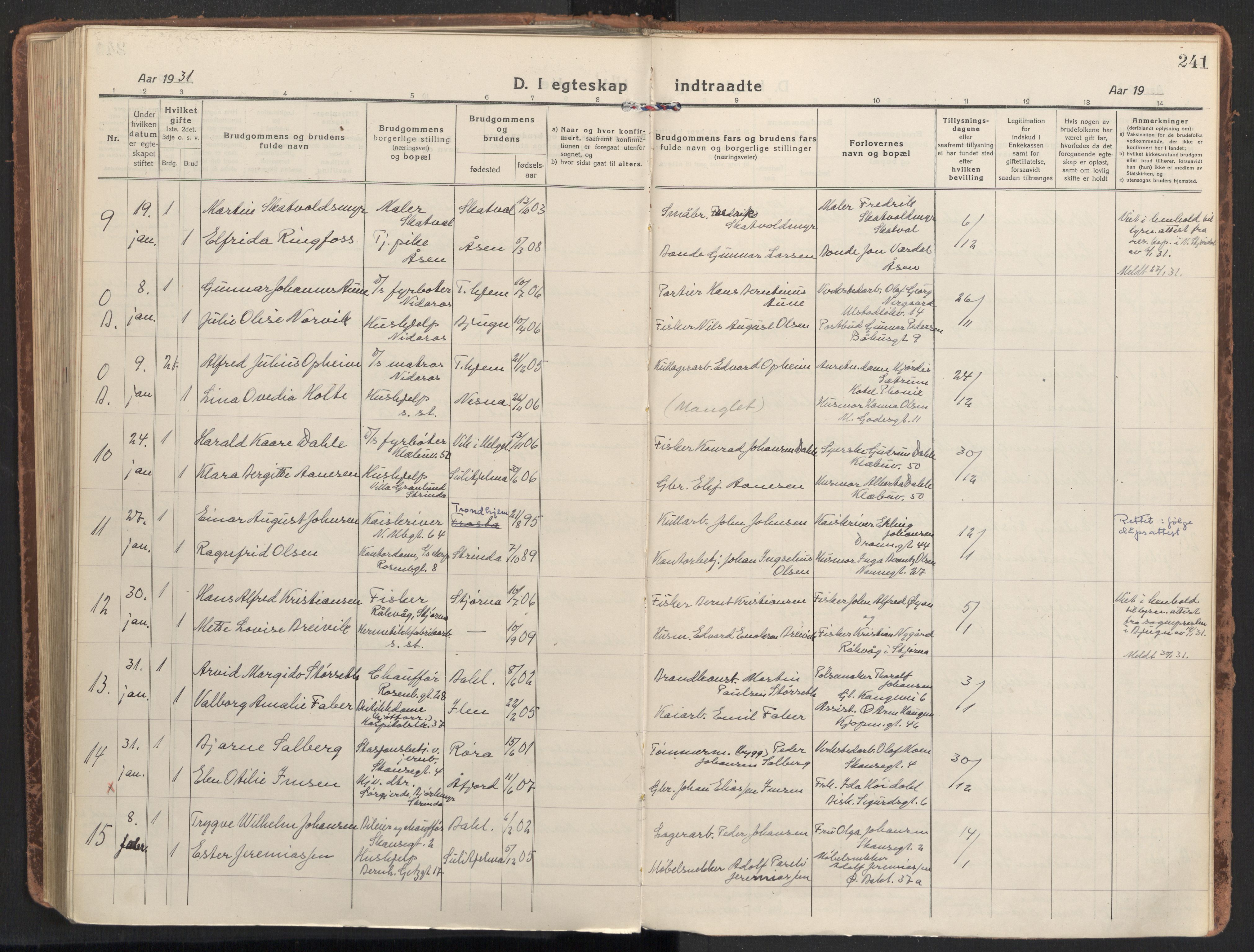 Ministerialprotokoller, klokkerbøker og fødselsregistre - Sør-Trøndelag, SAT/A-1456/604/L0206: Parish register (official) no. 604A26, 1917-1931, p. 241
