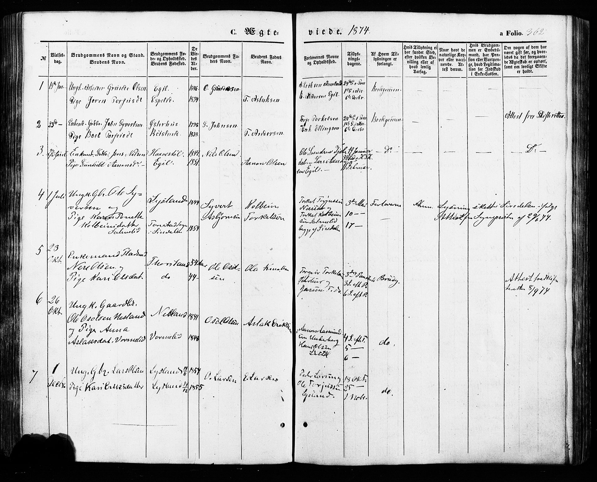Åseral sokneprestkontor, SAK/1111-0051/F/Fa/L0002: Parish register (official) no. A 2, 1854-1884, p. 362