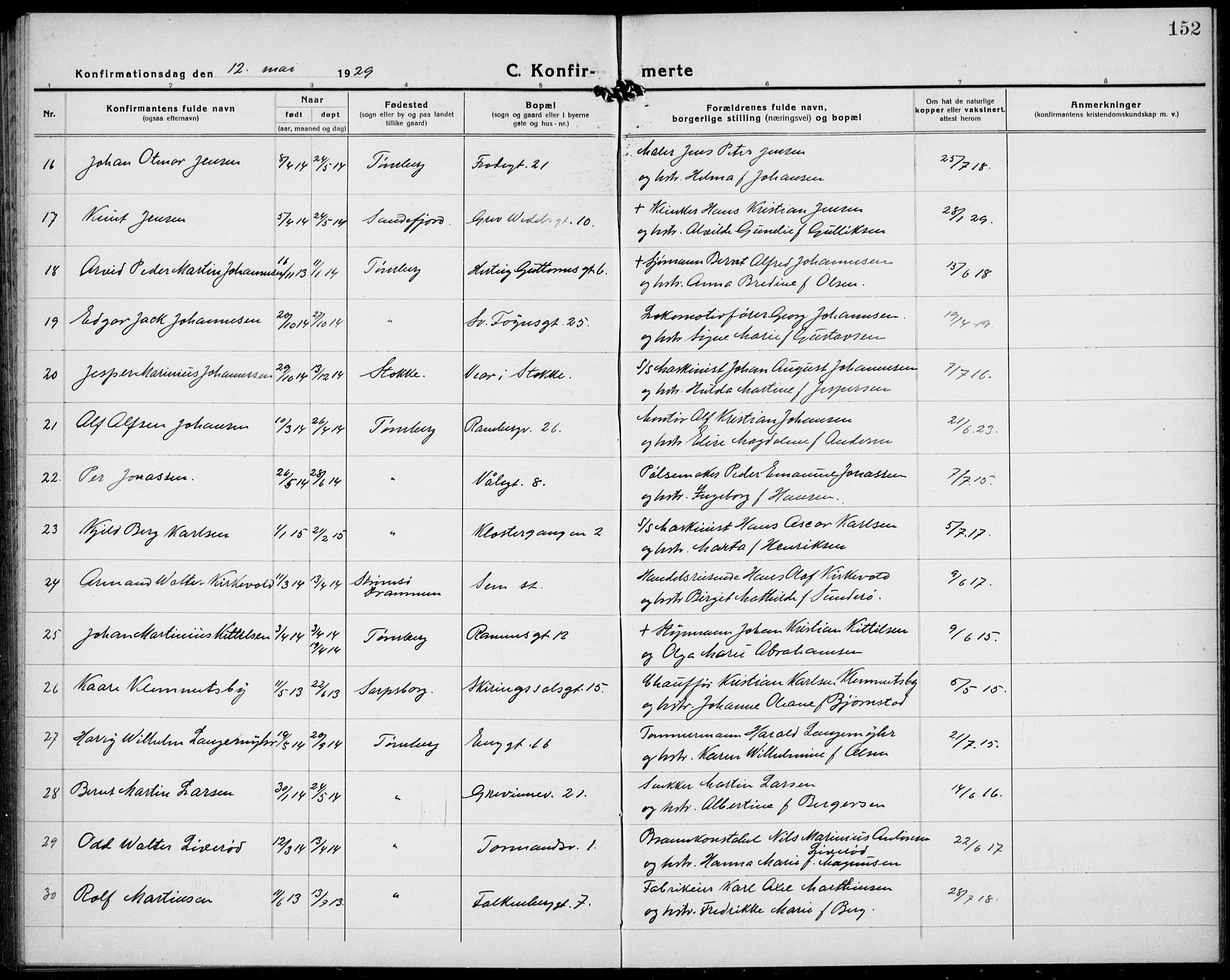 Tønsberg kirkebøker, AV/SAKO-A-330/G/Ga/L0013: Parish register (copy) no. 13, 1920-1929, p. 152