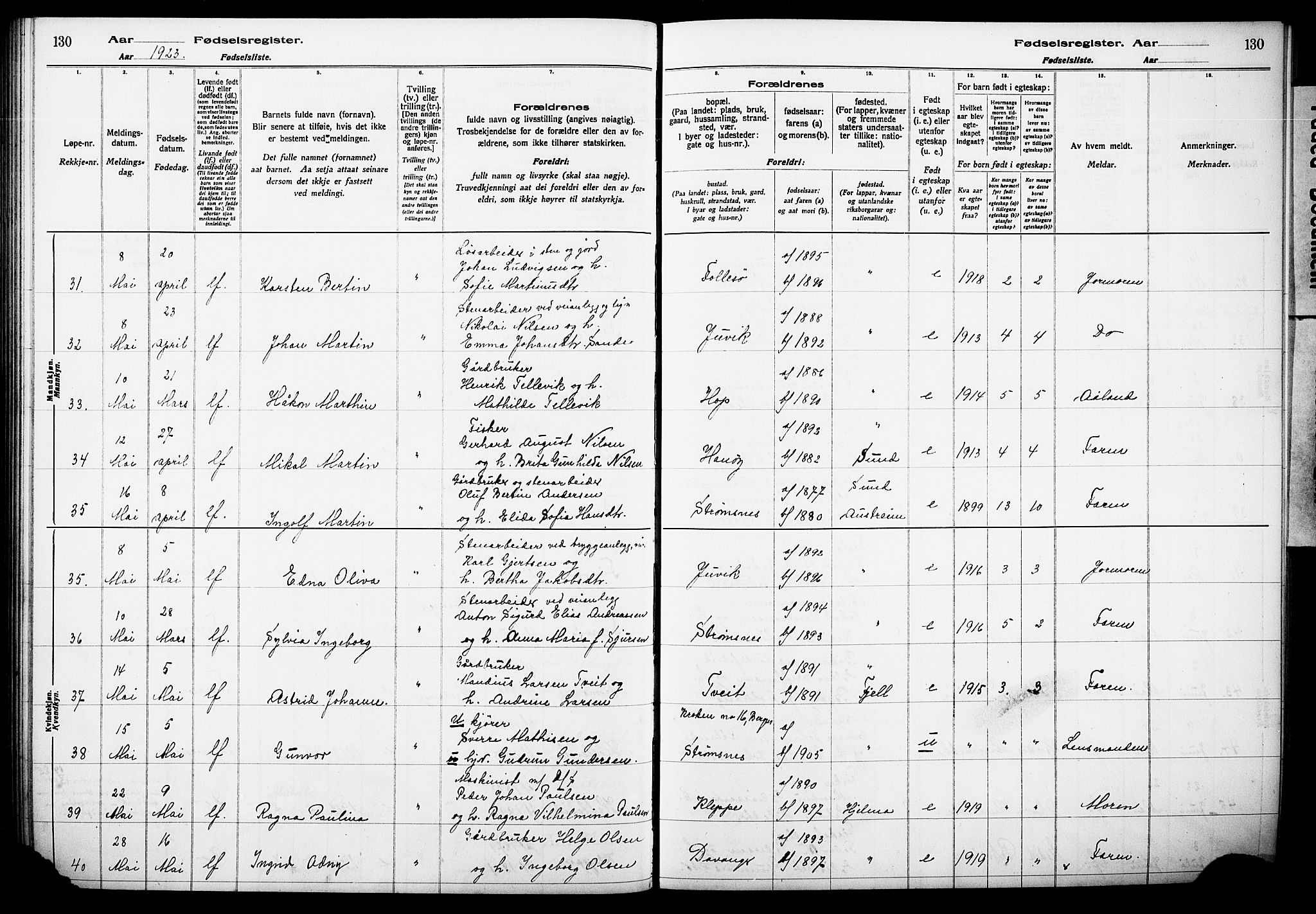 Askøy Sokneprestembete, SAB/A-74101/I/Id/L00A1: Birth register no. A 1, 1916-1928, p. 130