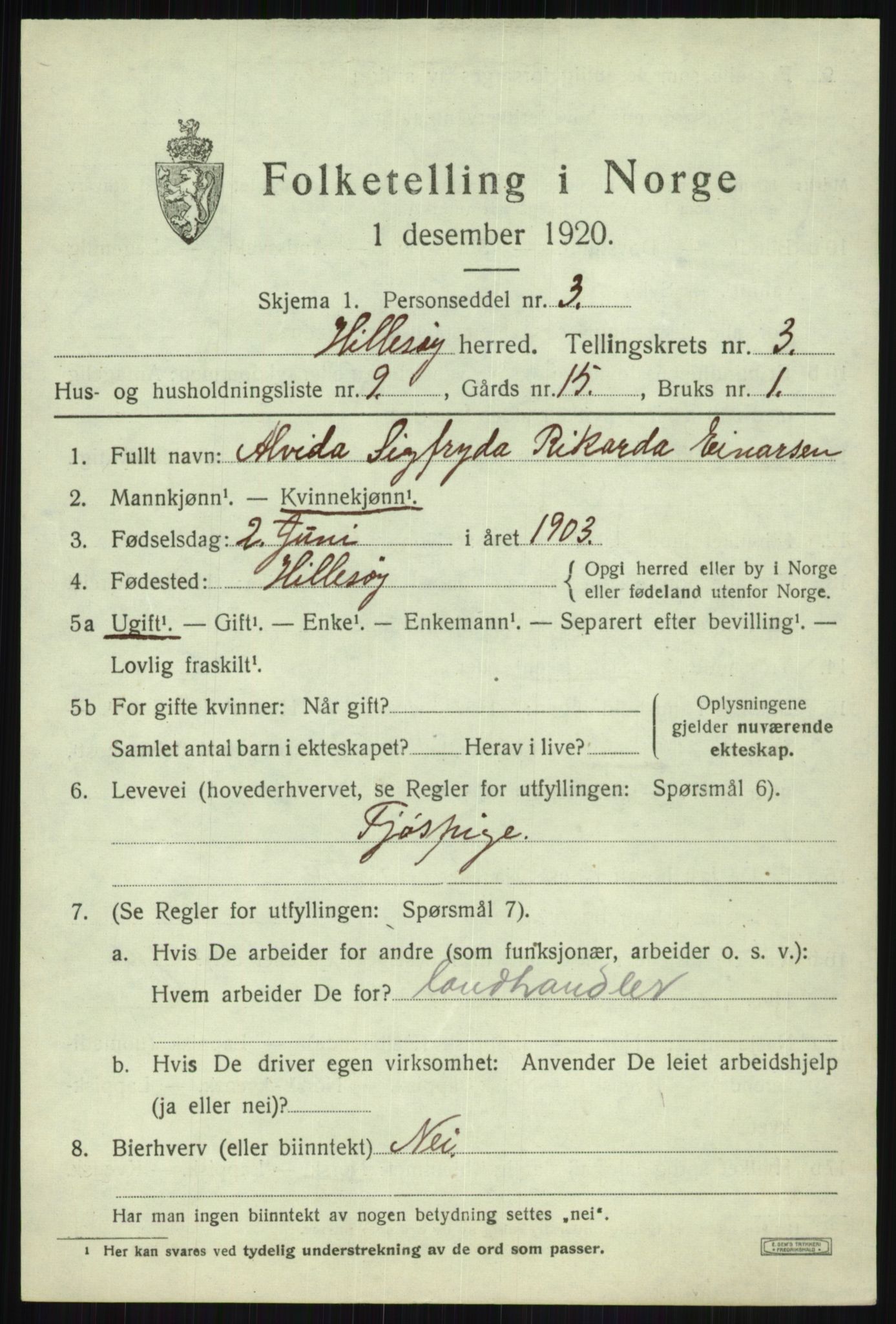 SATØ, 1920 census for Hillesøy, 1920, p. 1763