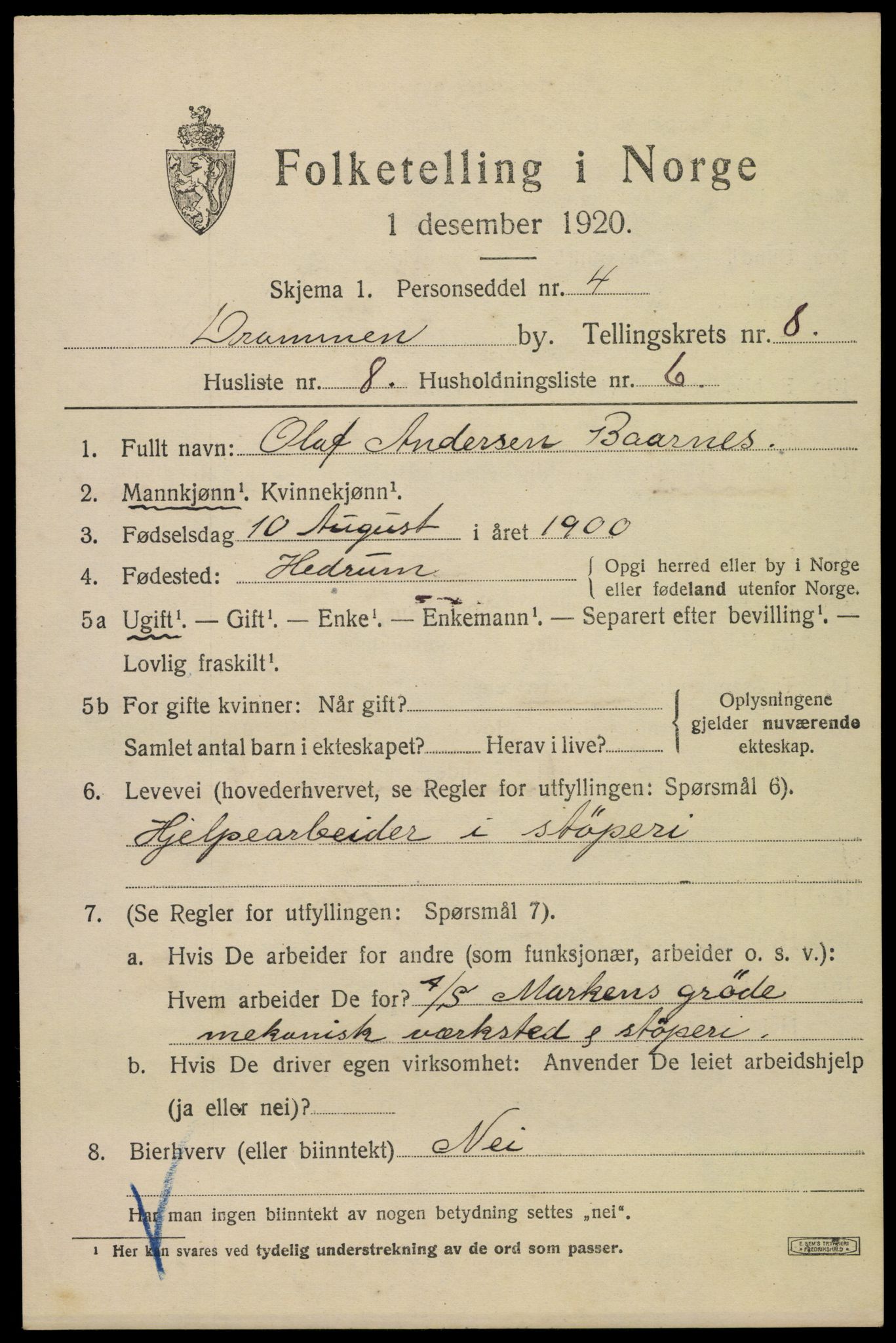 SAKO, 1920 census for Drammen, 1920, p. 53281