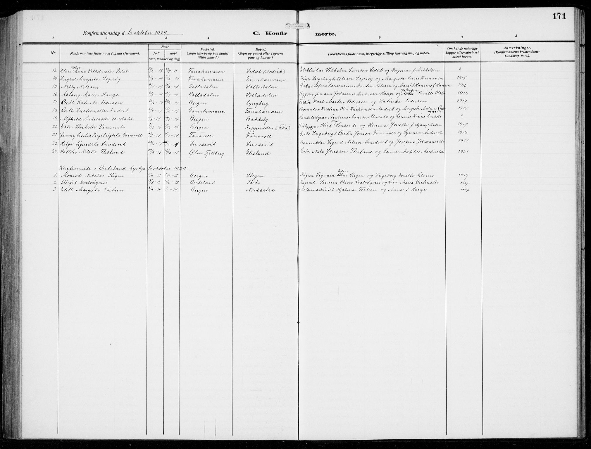 Fana Sokneprestembete, SAB/A-75101/H/Hab/Haba/L0005: Parish register (copy) no. A 5, 1911-1932, p. 171