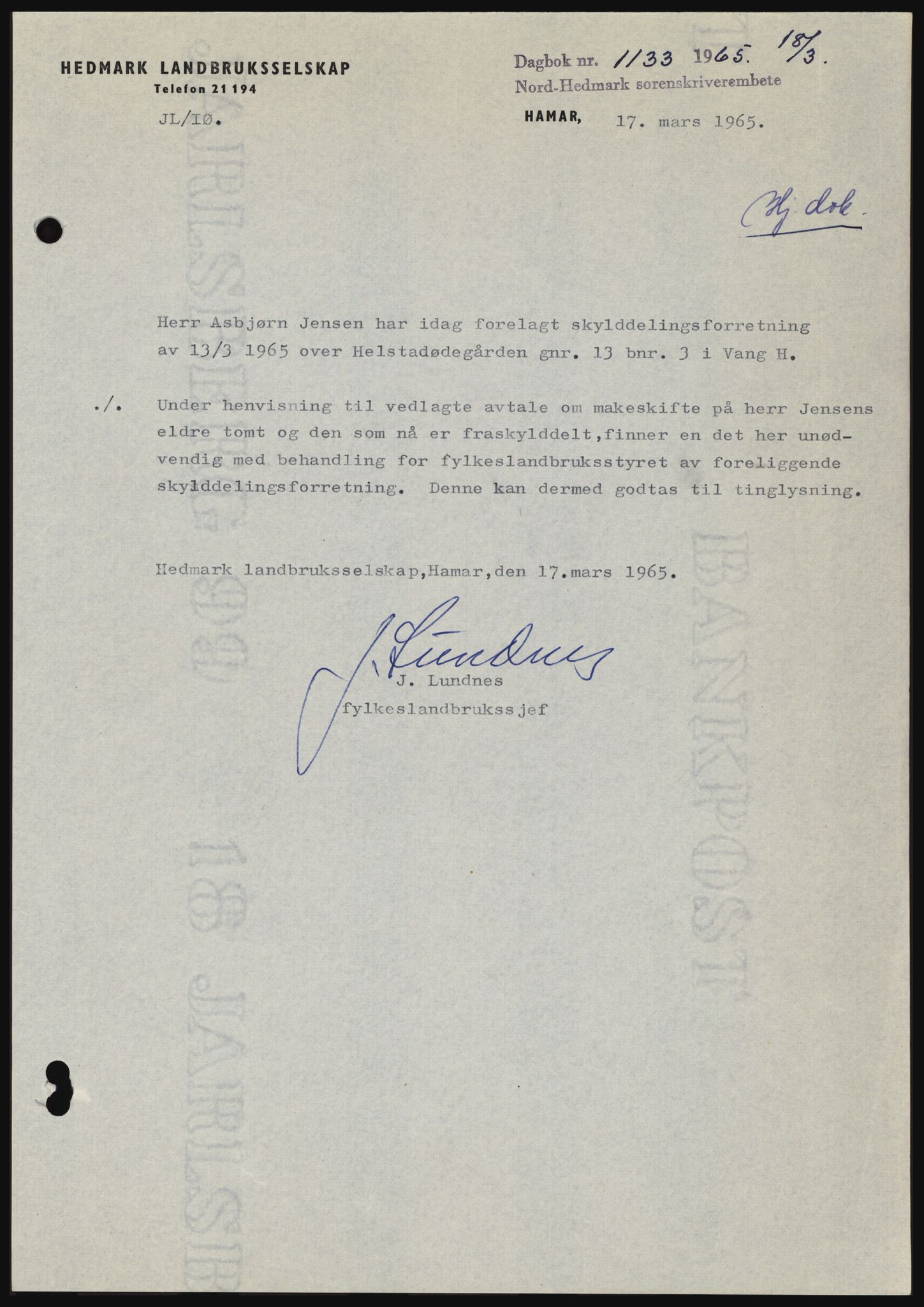 Nord-Hedmark sorenskriveri, SAH/TING-012/H/Hc/L0021: Mortgage book no. 21, 1964-1965, Diary no: : 1133/1965