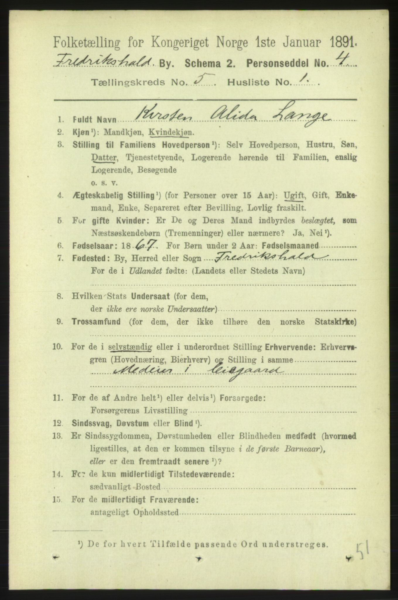 RA, 1891 census for 0101 Fredrikshald, 1891, p. 4055