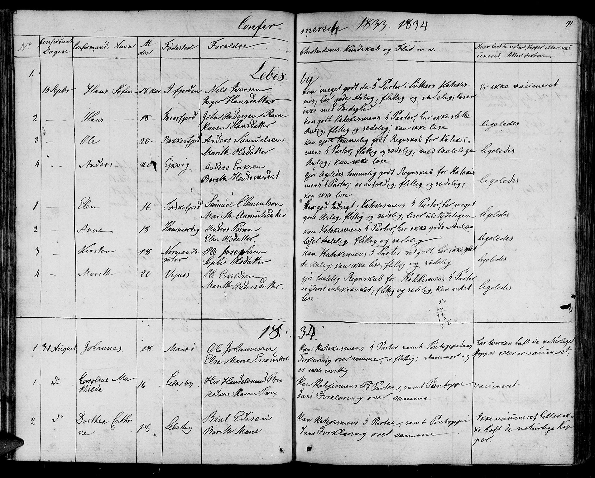 Lebesby sokneprestkontor, SATØ/S-1353/H/Ha/L0003kirke: Parish register (official) no. 3, 1833-1852, p. 91