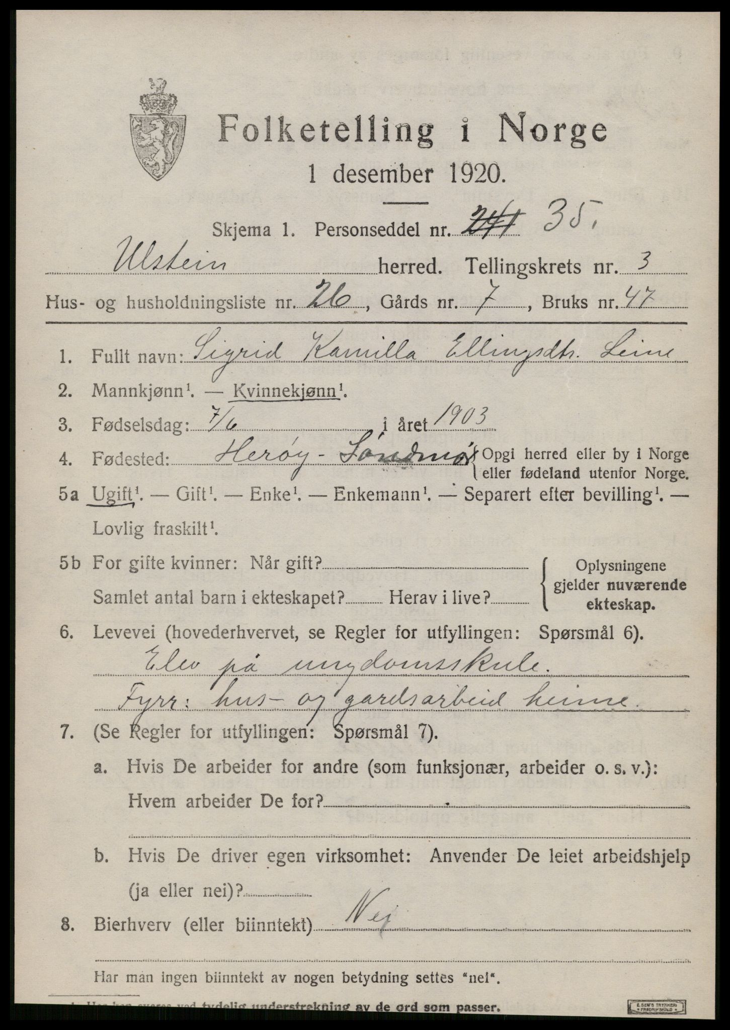SAT, 1920 census for Ulstein, 1920, p. 2110