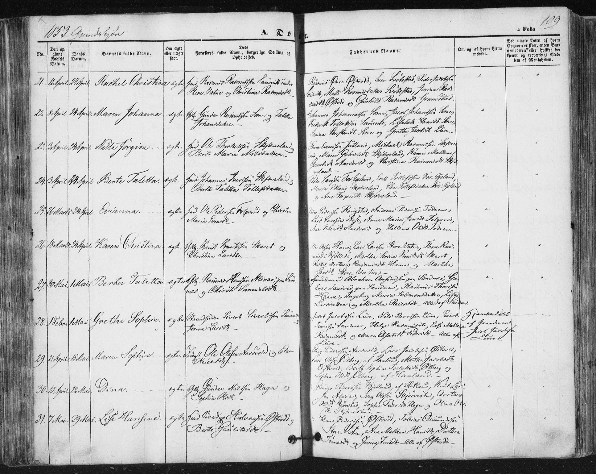 Høyland sokneprestkontor, AV/SAST-A-101799/001/30BA/L0008: Parish register (official) no. A 8, 1841-1856, p. 109