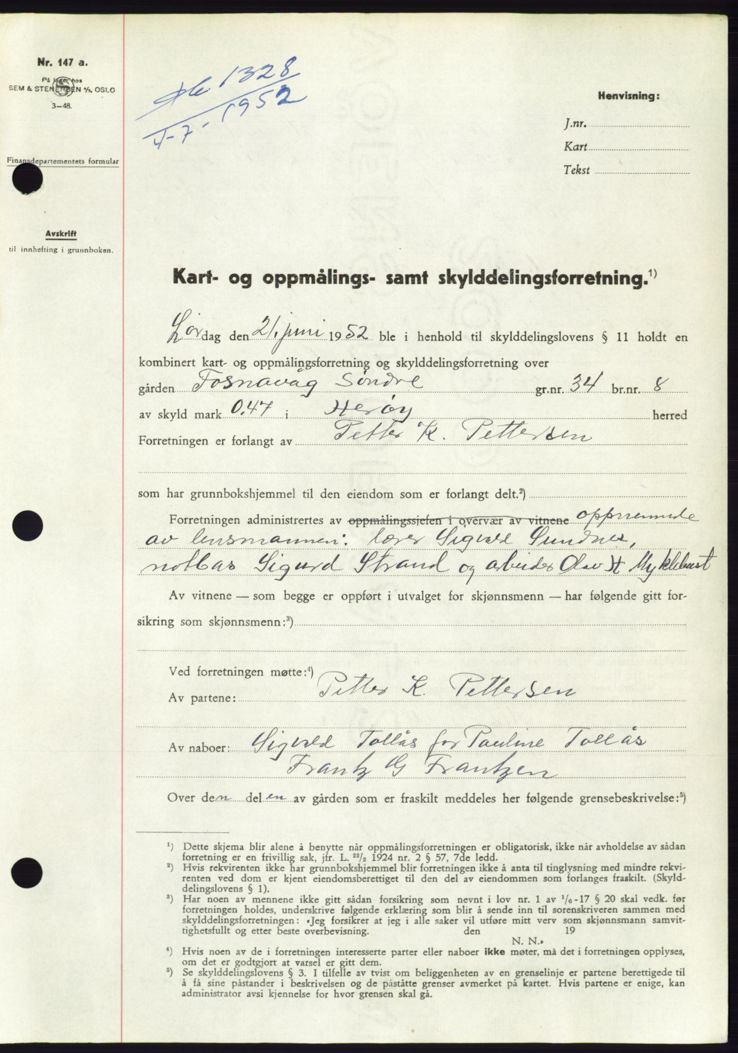 Søre Sunnmøre sorenskriveri, AV/SAT-A-4122/1/2/2C/L0092: Mortgage book no. 18A, 1952-1952, Diary no: : 1328/1952