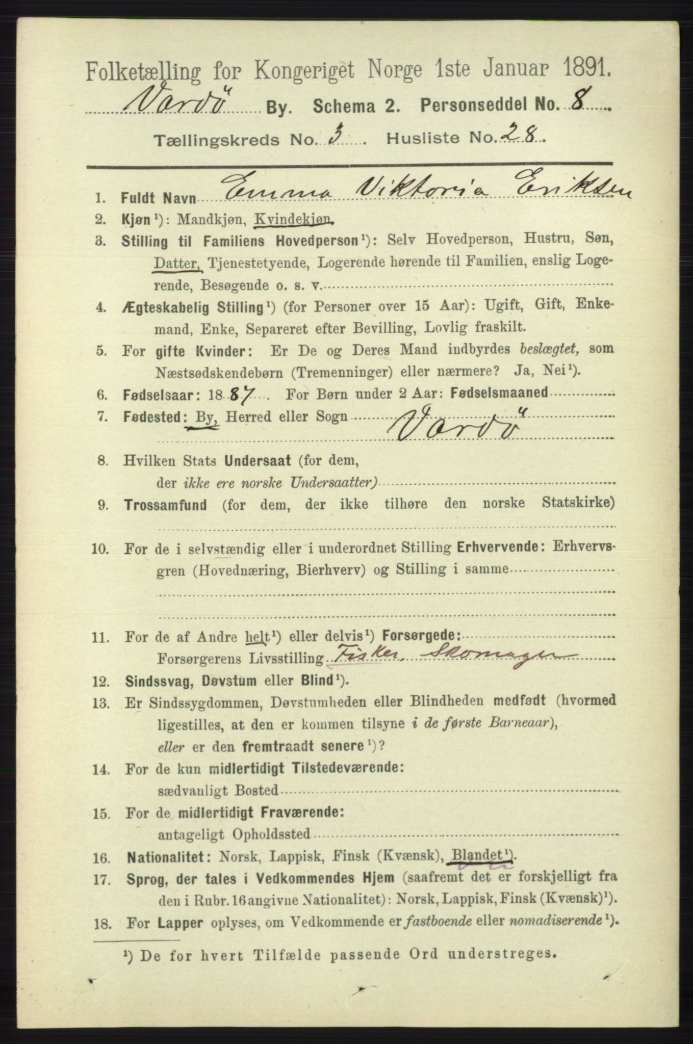 RA, 1891 census for 2002 Vardø, 1891, p. 1848