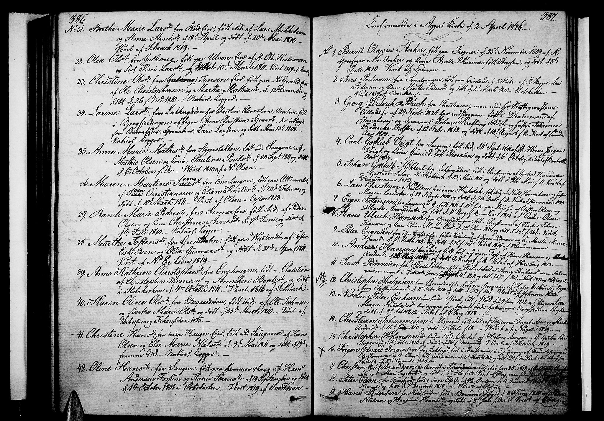 Aker prestekontor kirkebøker, SAO/A-10861/F/L0012: Parish register (official) no. 12, 1819-1828, p. 386-387