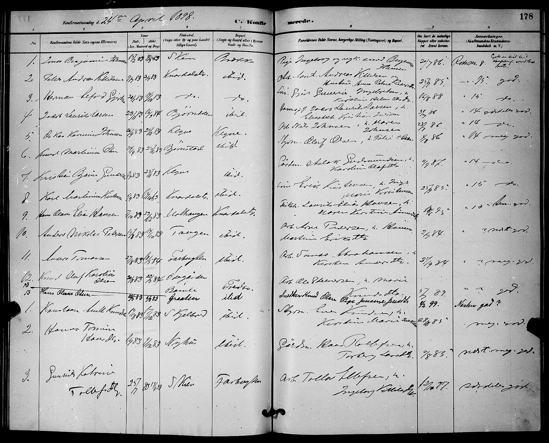 Solum kirkebøker, AV/SAKO-A-306/G/Ga/L0007: Parish register (copy) no. I 7, 1884-1898, p. 178