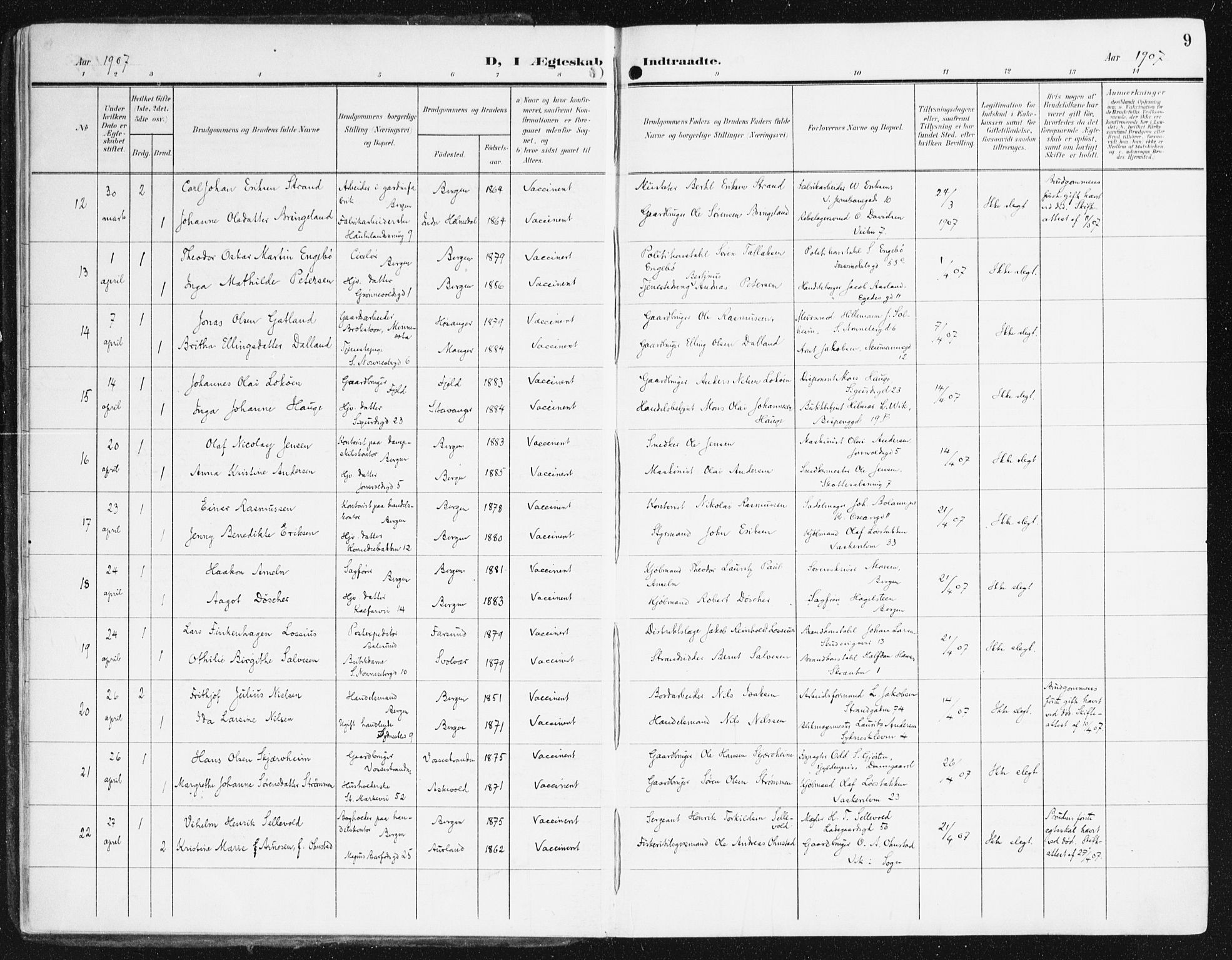 Domkirken sokneprestembete, SAB/A-74801/H/Haa/L0038: Parish register (official) no. D 5, 1906-1921, p. 9