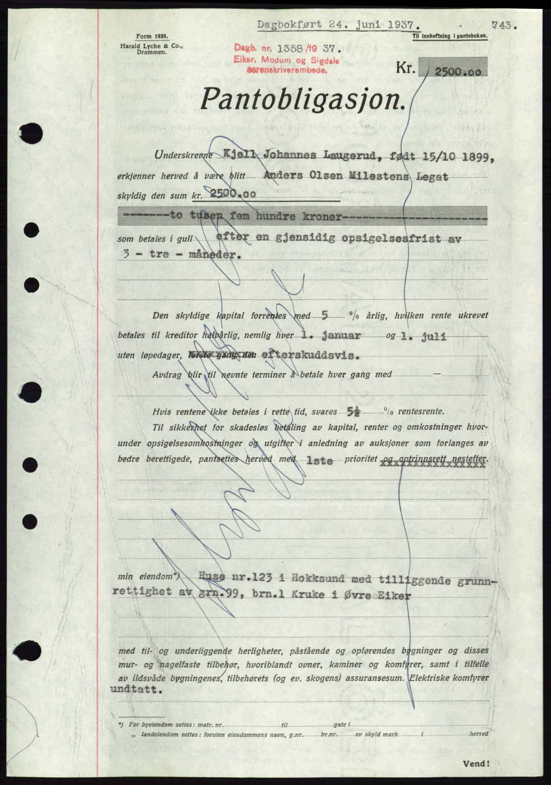 Eiker, Modum og Sigdal sorenskriveri, SAKO/A-123/G/Ga/Gab/L0035: Mortgage book no. A5, 1937-1937, Diary no: : 1358/1937