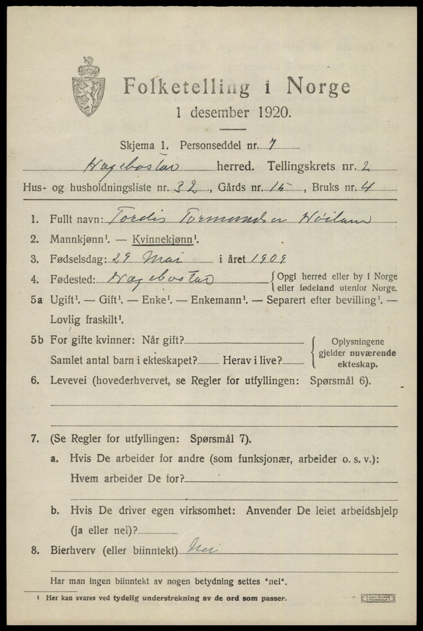 SAK, 1920 census for Hægebostad, 1920, p. 1101