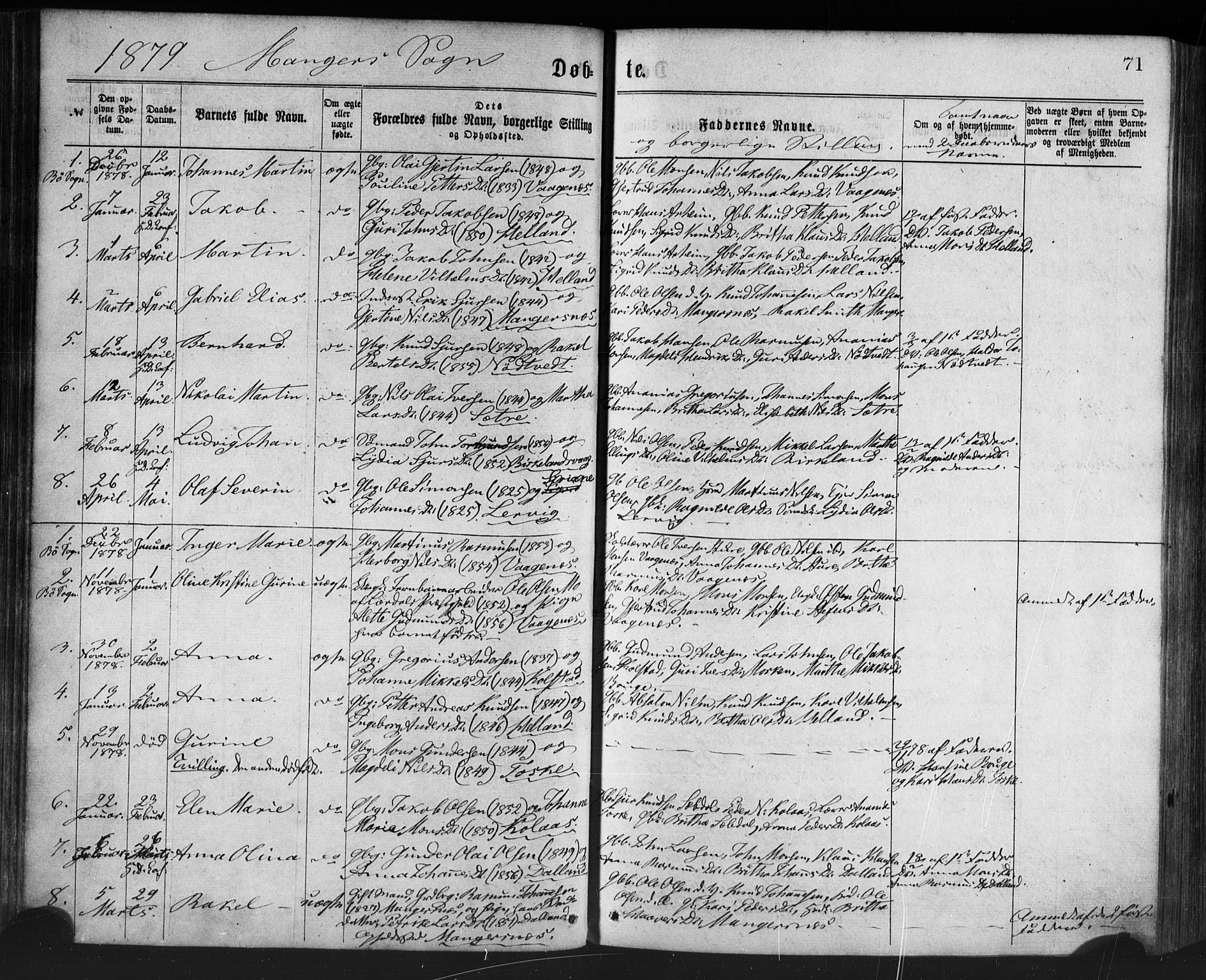 Manger sokneprestembete, SAB/A-76801/H/Haa: Parish register (official) no. A 8, 1871-1880, p. 71