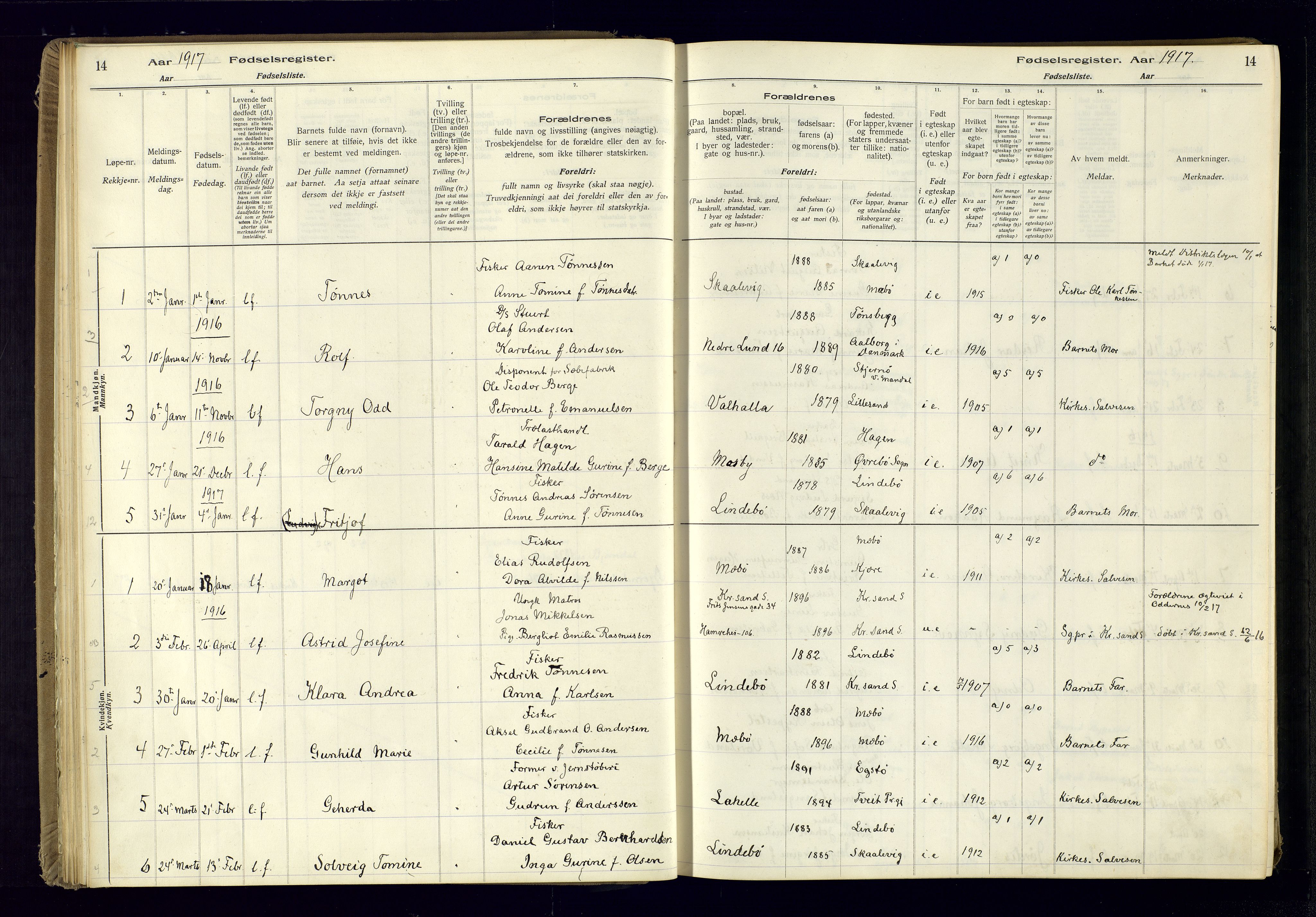 Oddernes sokneprestkontor, AV/SAK-1111-0033/J/Ja/L0001: Birth register no. 1, 1916-1935, p. 14