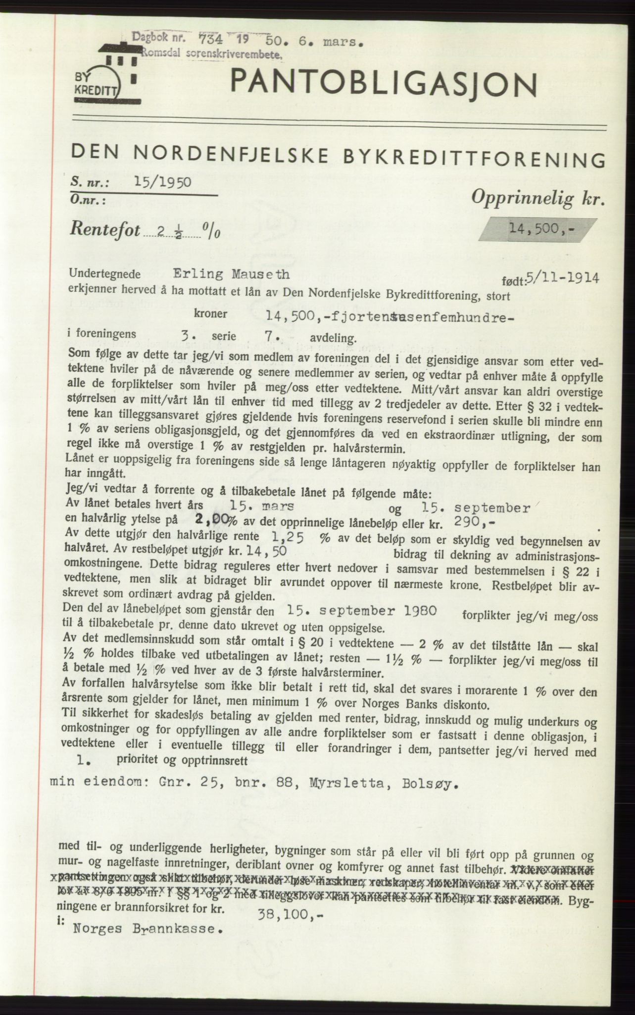 Romsdal sorenskriveri, AV/SAT-A-4149/1/2/2C: Mortgage book no. B5, 1949-1950, Diary no: : 734/1950