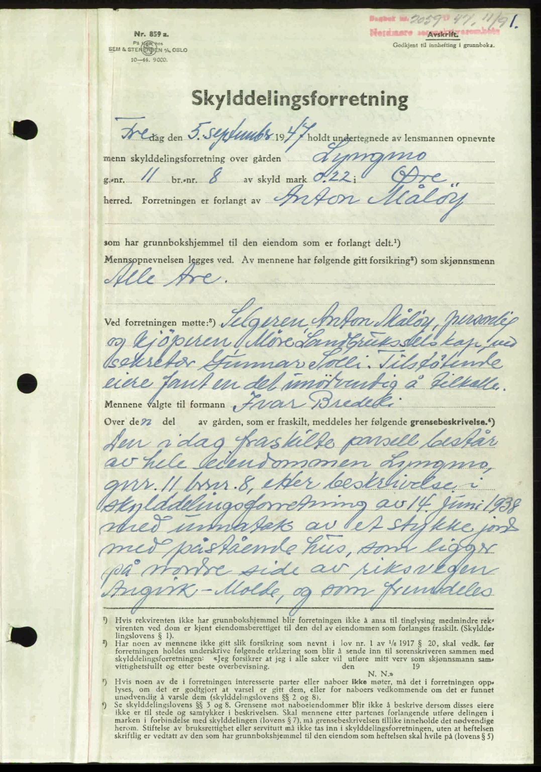 Nordmøre sorenskriveri, AV/SAT-A-4132/1/2/2Ca: Mortgage book no. A106, 1947-1947, Diary no: : 2059/1947