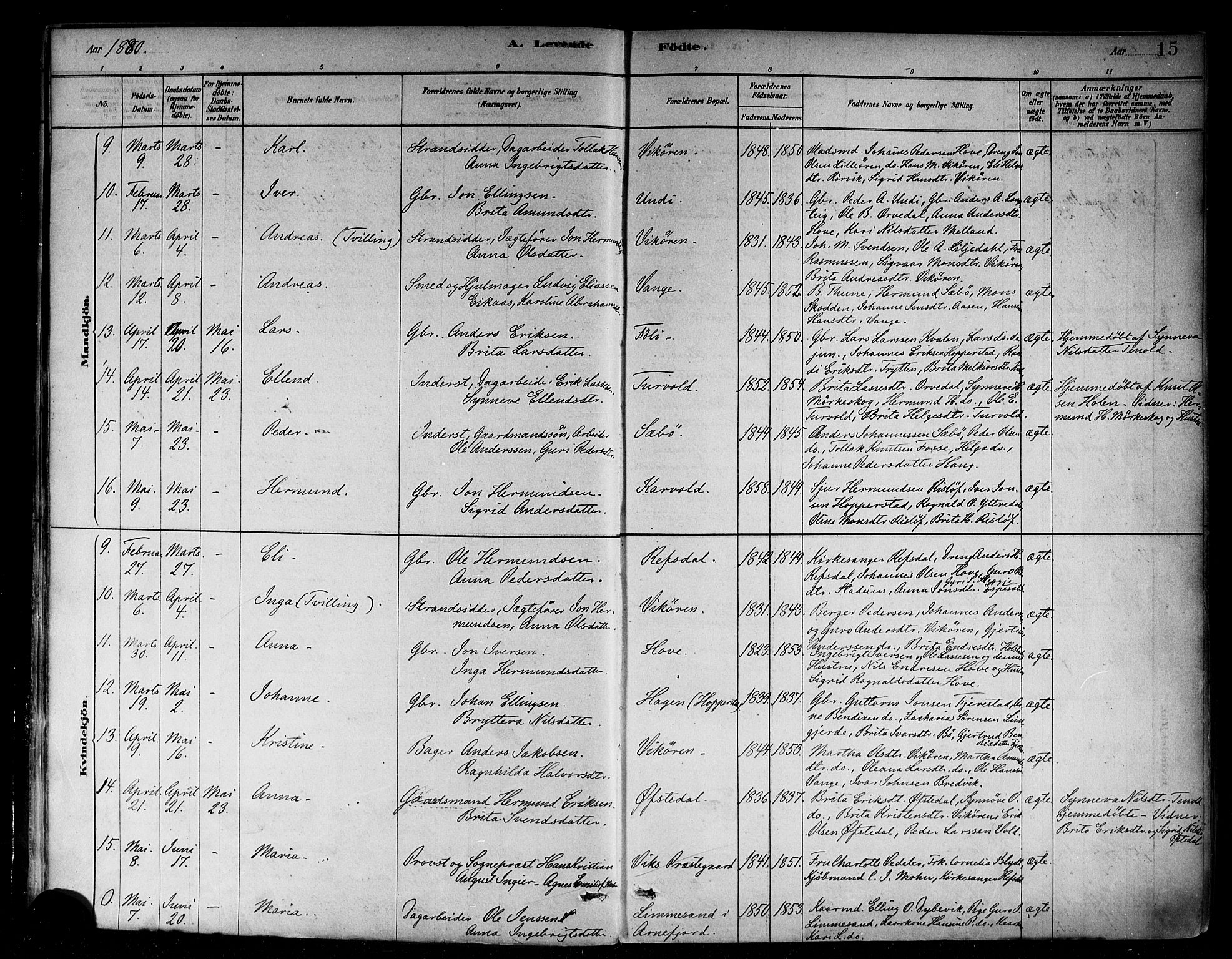 Vik sokneprestembete, AV/SAB-A-81501/H/Haa/Haab/L0001: Parish register (official) no. B 1, 1878-1890, p. 15