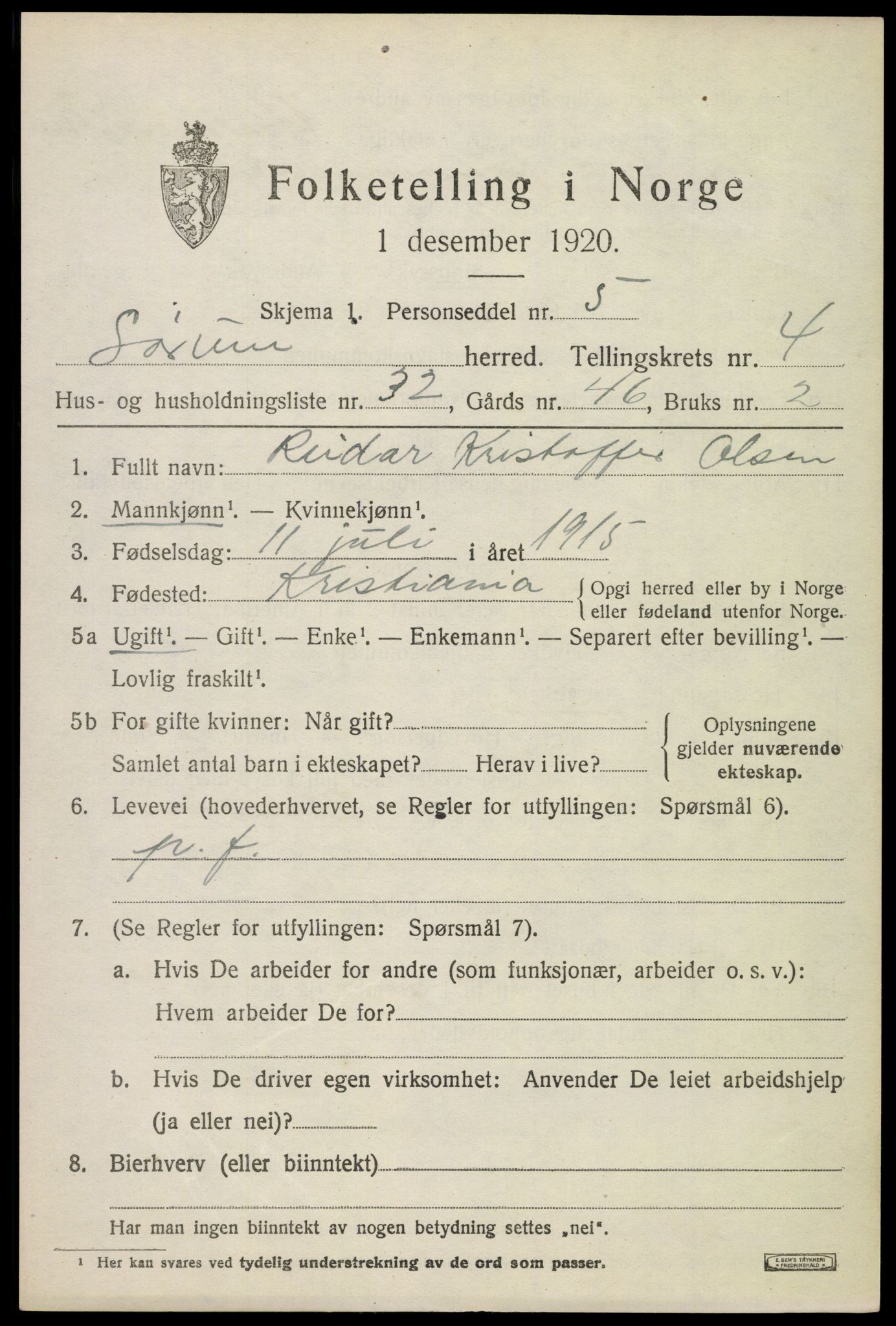 SAO, 1920 census for Sørum, 1920, p. 3791