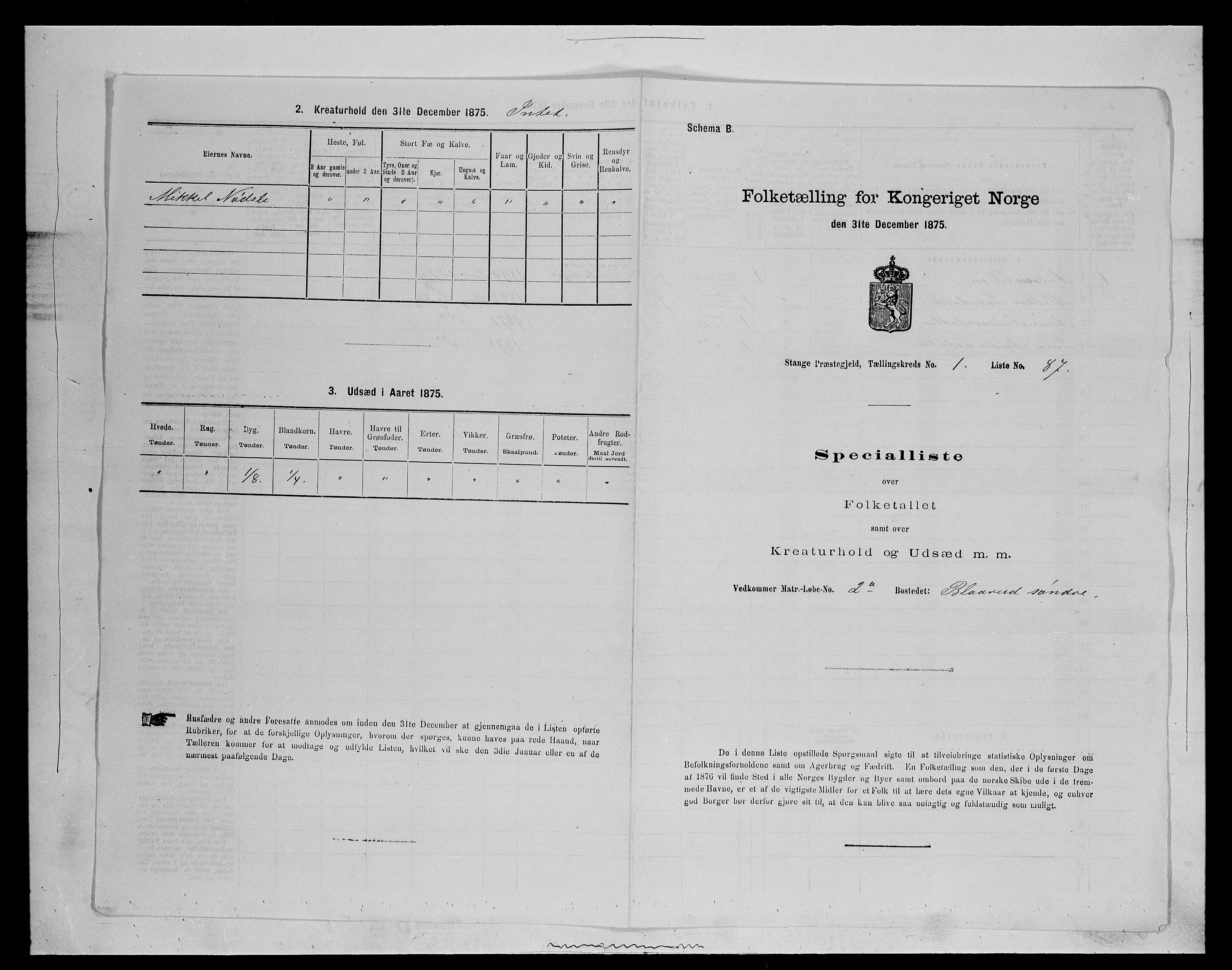 SAH, 1875 census for 0417P Stange, 1875, p. 275