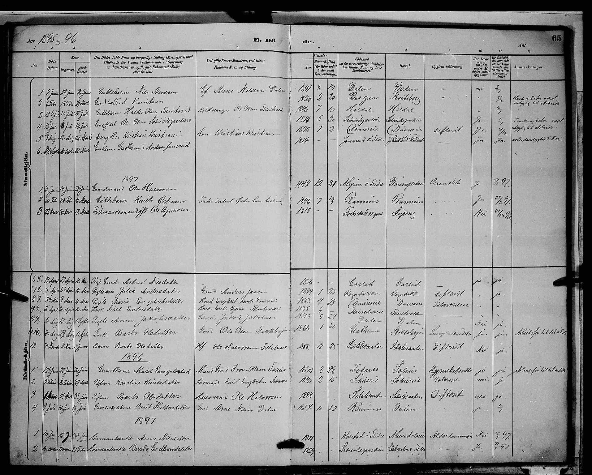 Nord-Aurdal prestekontor, SAH/PREST-132/H/Ha/Hab/L0009: Parish register (copy) no. 9, 1887-1897, p. 65