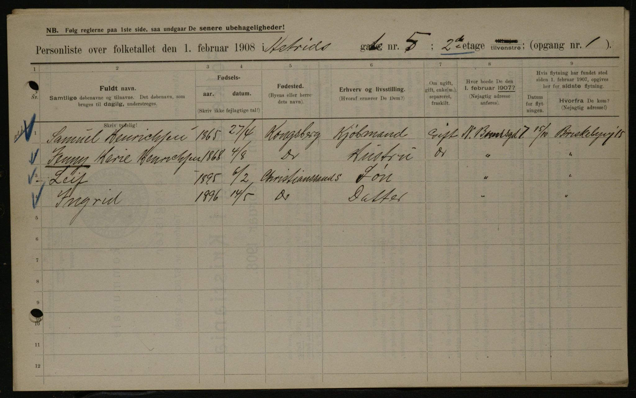 OBA, Municipal Census 1908 for Kristiania, 1908, p. 15890