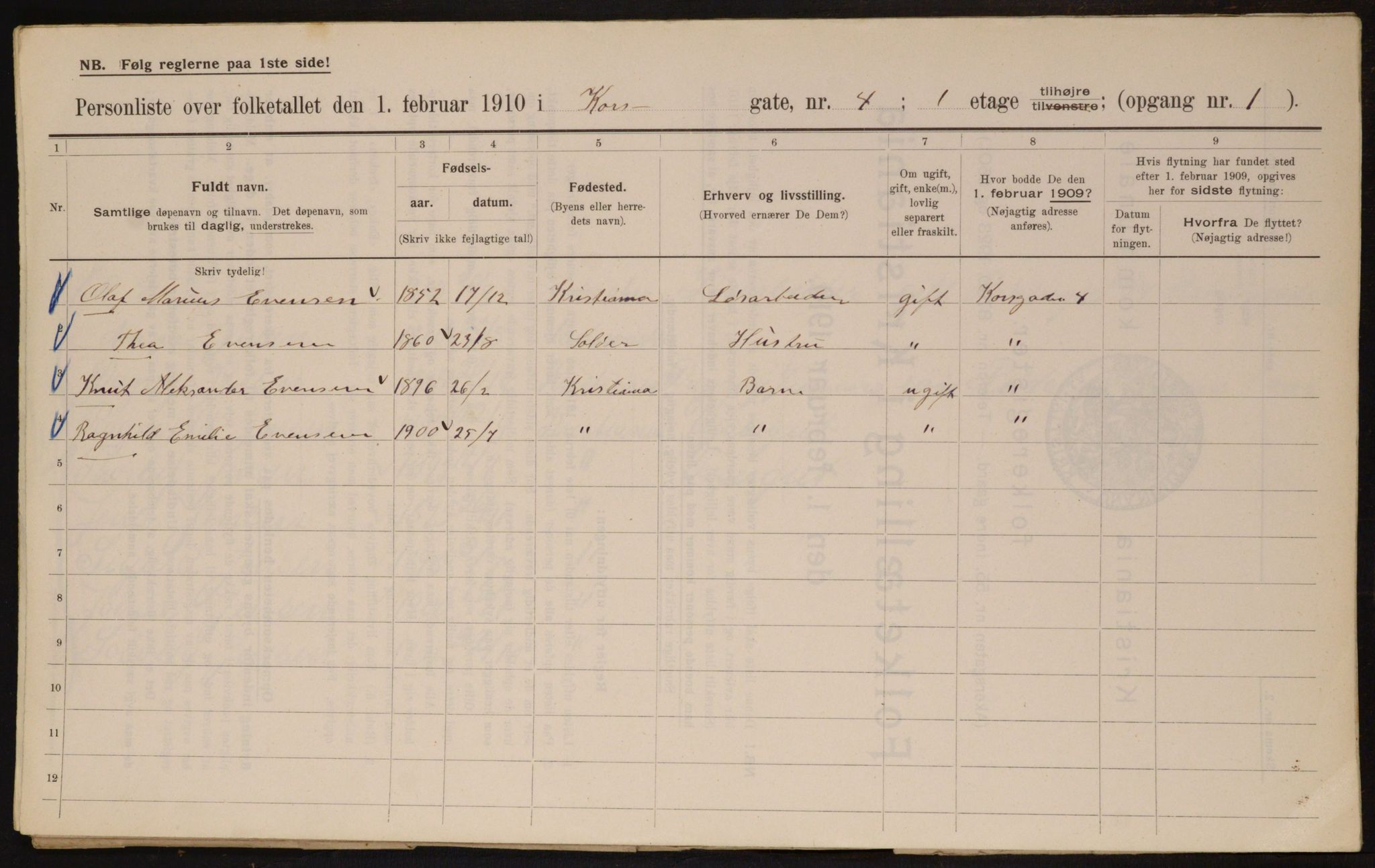 OBA, Municipal Census 1910 for Kristiania, 1910, p. 51898