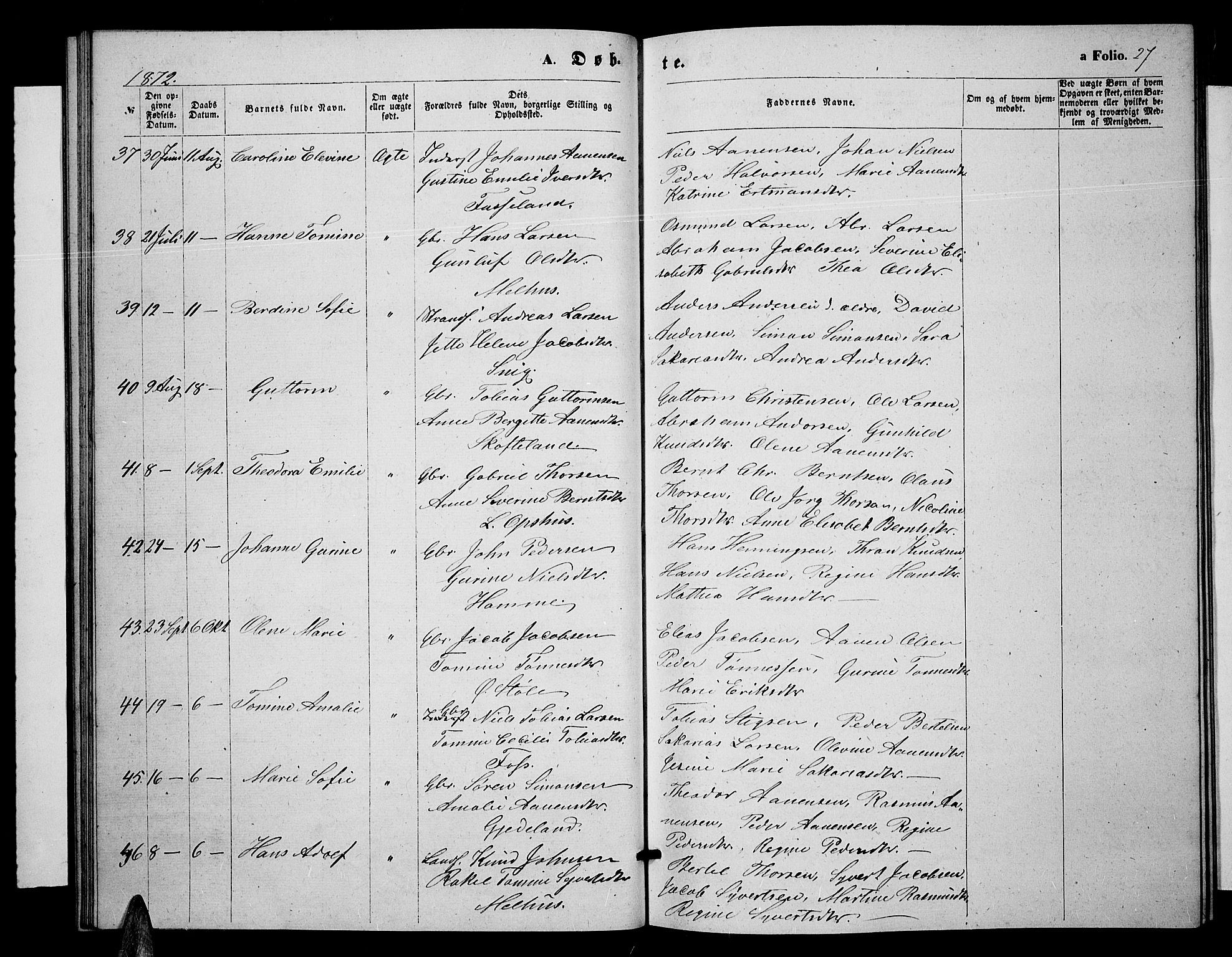 Sør-Audnedal sokneprestkontor, AV/SAK-1111-0039/F/Fb/Fbb/L0004: Parish register (copy) no. B 4, 1868-1879, p. 27