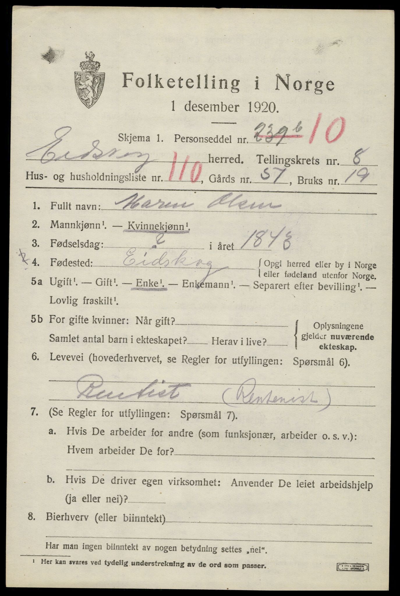 SAH, 1920 census for Eidskog, 1920, p. 10169