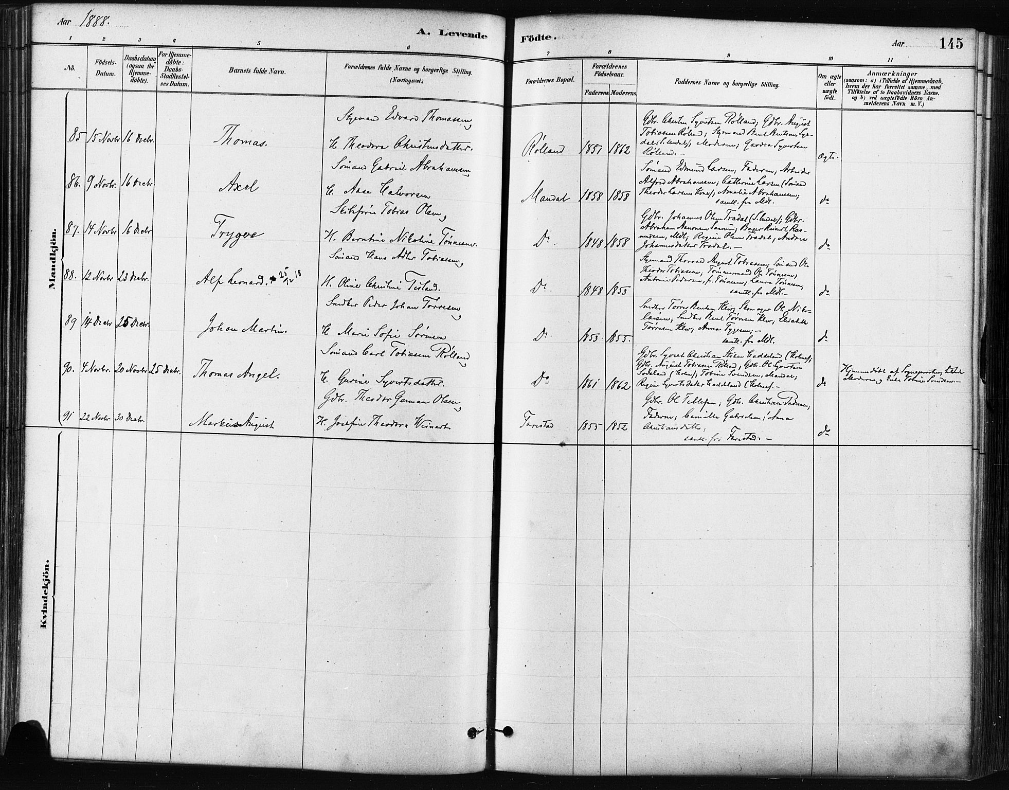 Mandal sokneprestkontor, AV/SAK-1111-0030/F/Fa/Faa/L0016: Parish register (official) no. A 16, 1880-1890, p. 145