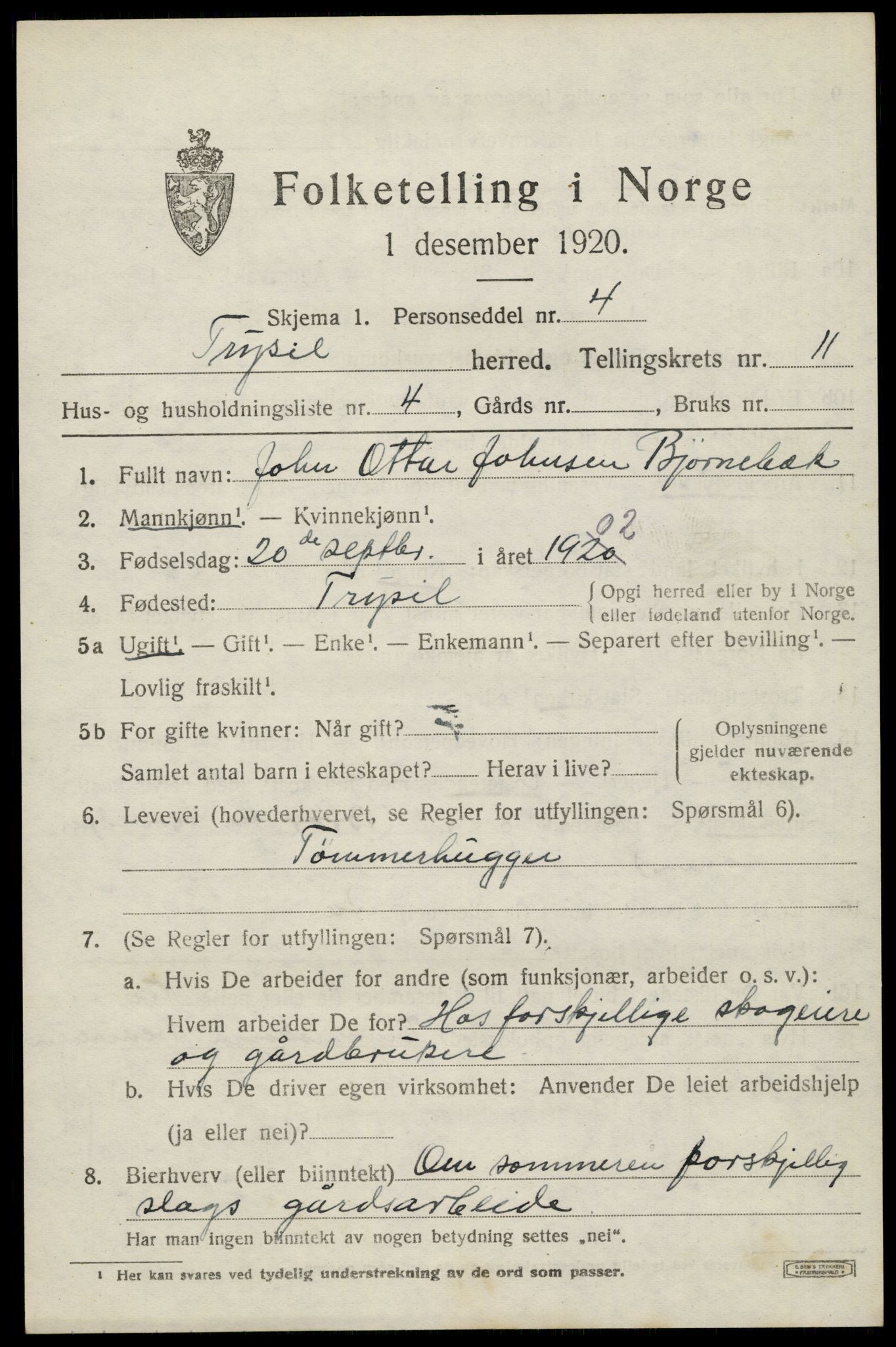 SAH, 1920 census for Trysil, 1920, p. 7001