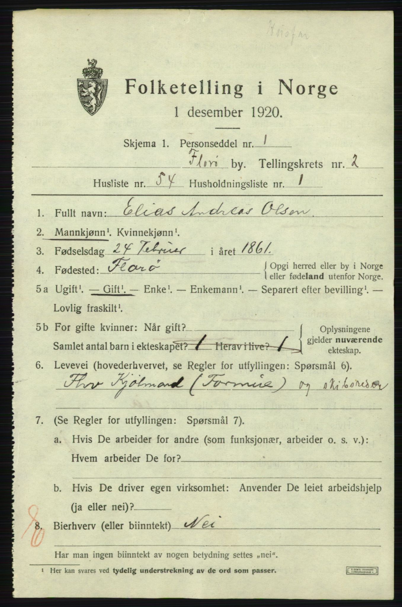 SAB, 1920 census for Florø, 1920, p. 3050