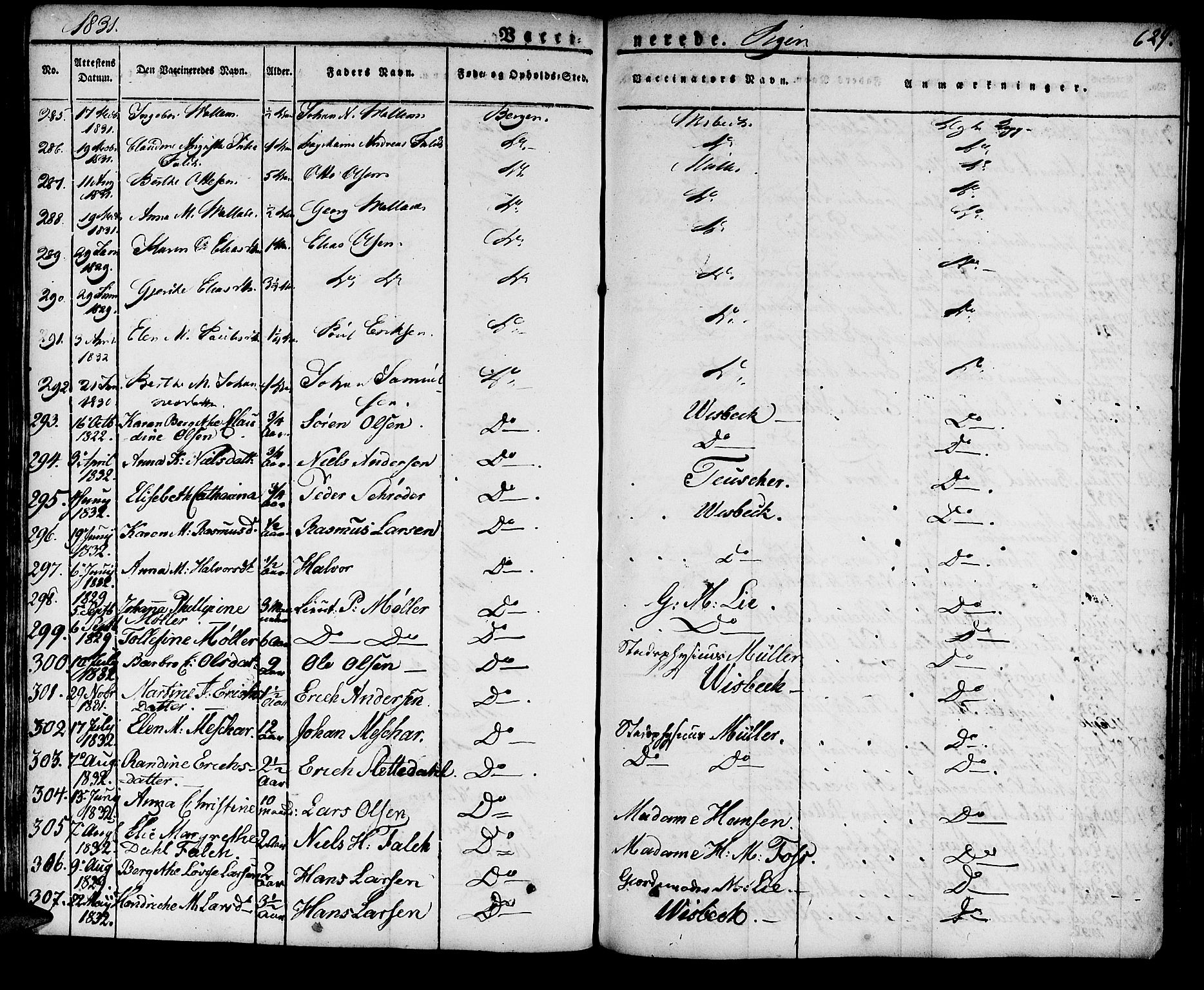 Domkirken sokneprestembete, SAB/A-74801/H/Haa/L0012: Parish register (official) no. A 12, 1821-1840, p. 629