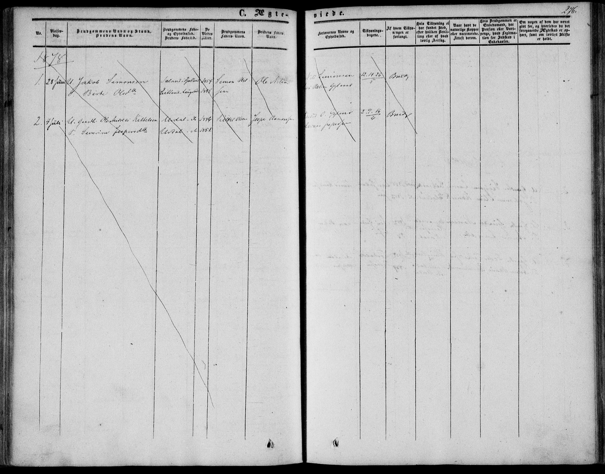 Bakke sokneprestkontor, AV/SAK-1111-0002/F/Fa/Fab/L0002: Parish register (official) no. A 2, 1855-1884, p. 276