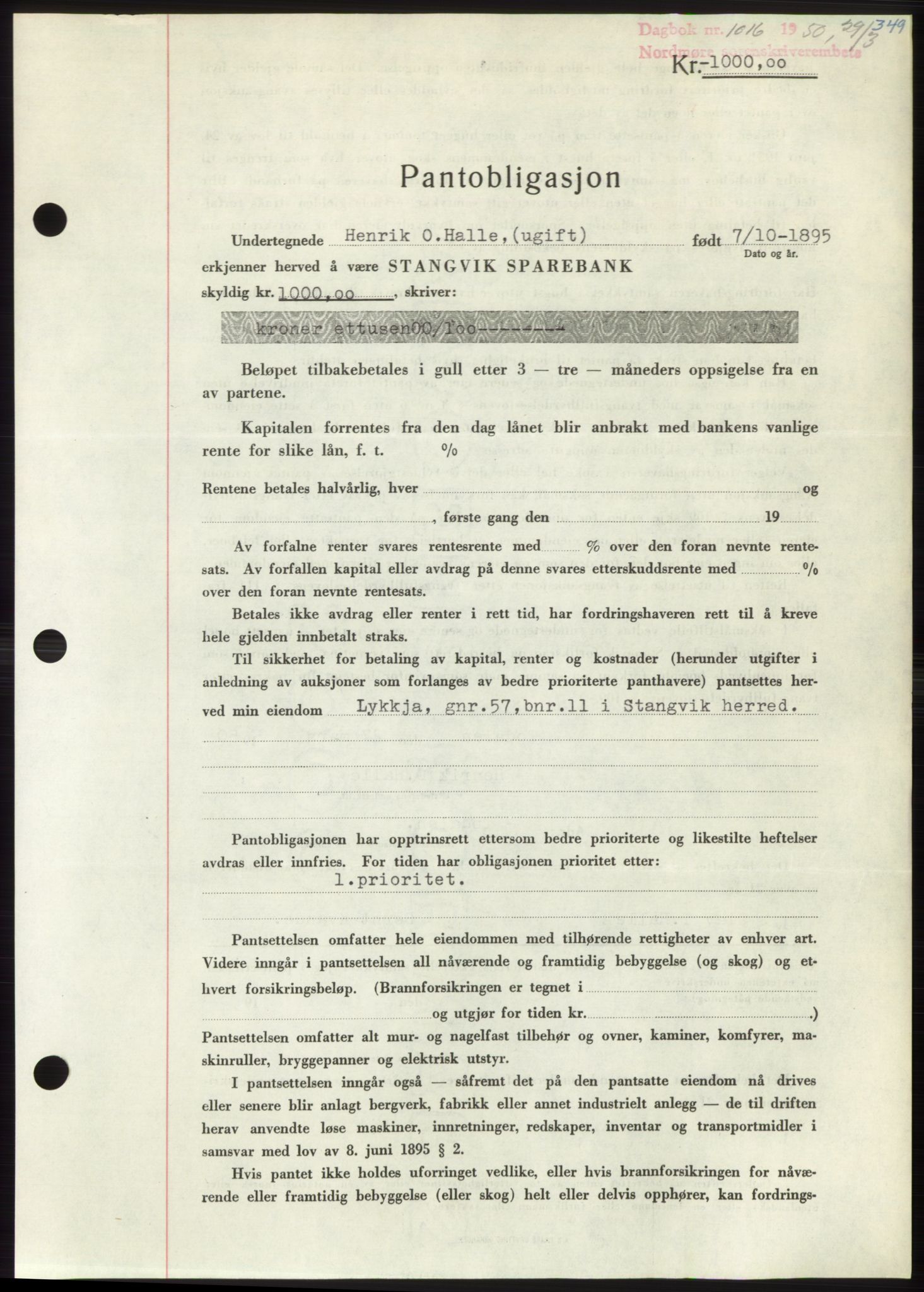 Nordmøre sorenskriveri, AV/SAT-A-4132/1/2/2Ca: Mortgage book no. B104, 1950-1950, Diary no: : 1016/1950