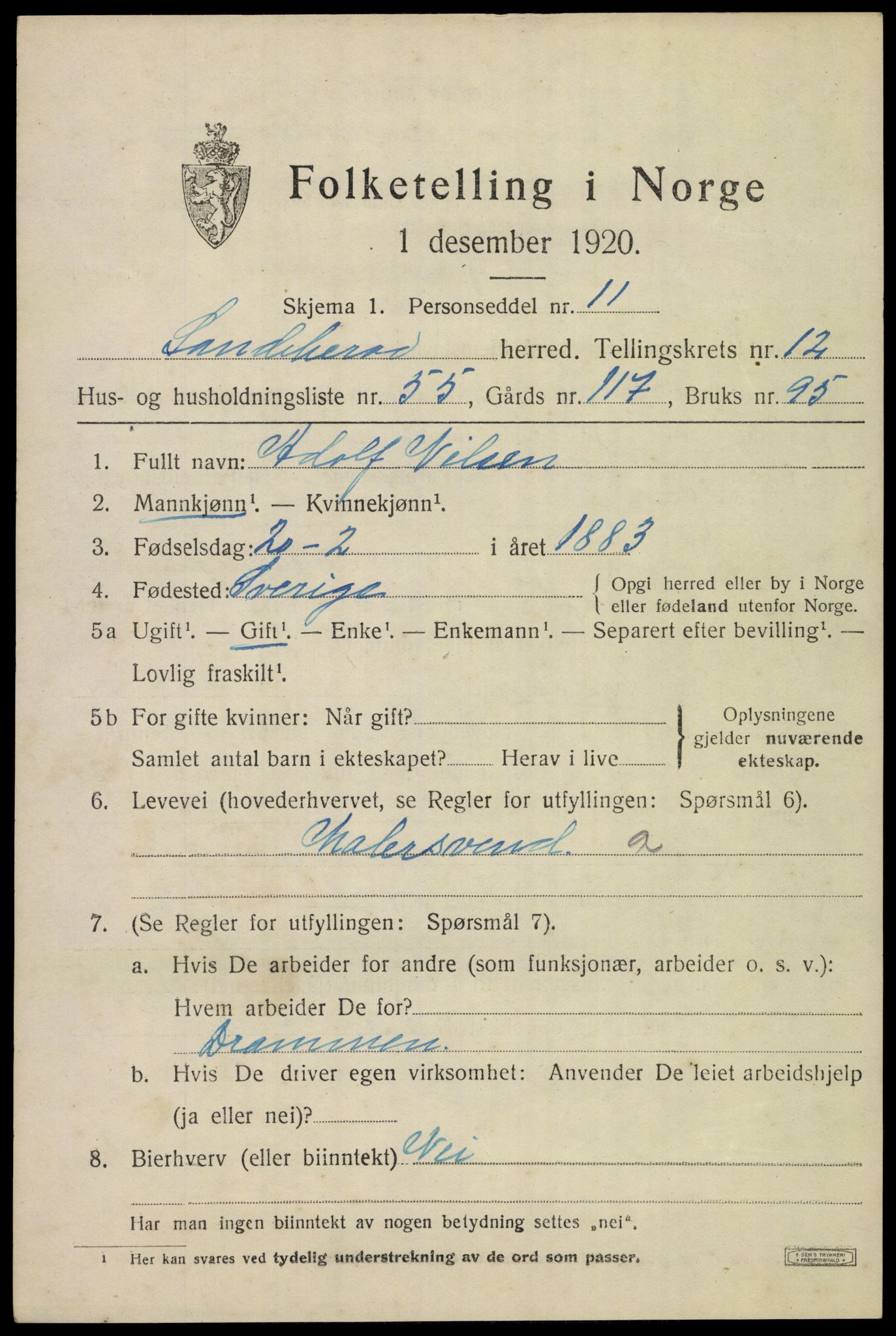 SAKO, 1920 census for Sandeherred, 1920, p. 18794