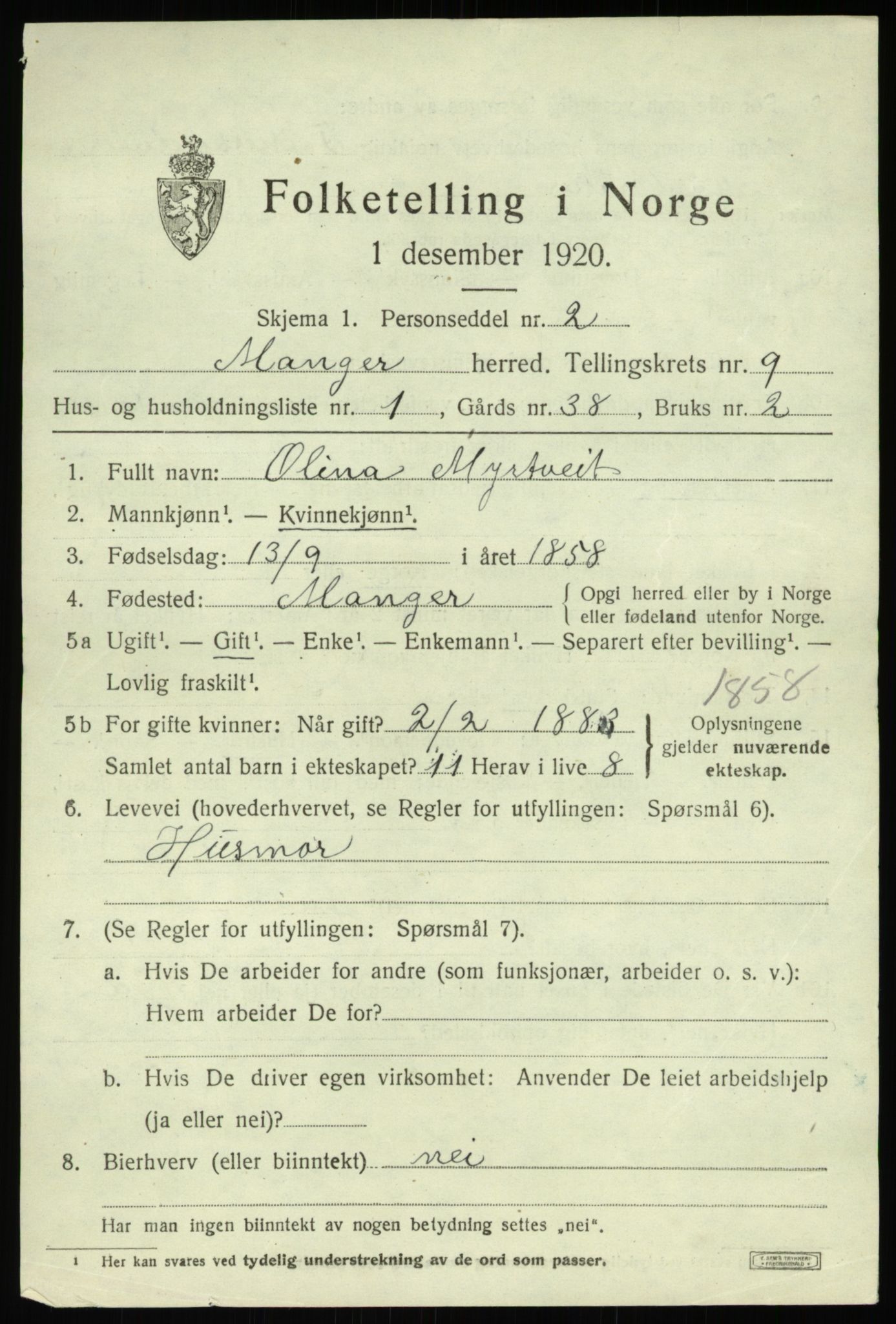 SAB, 1920 census for Manger, 1920, p. 5441